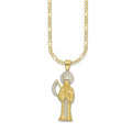 MR14DP100 Cadena Dama Oro Sólido 10K + Dije Oro Sólido 14K EM Santa Muerte con Zirconia 1.8 cm x 5.1 cm