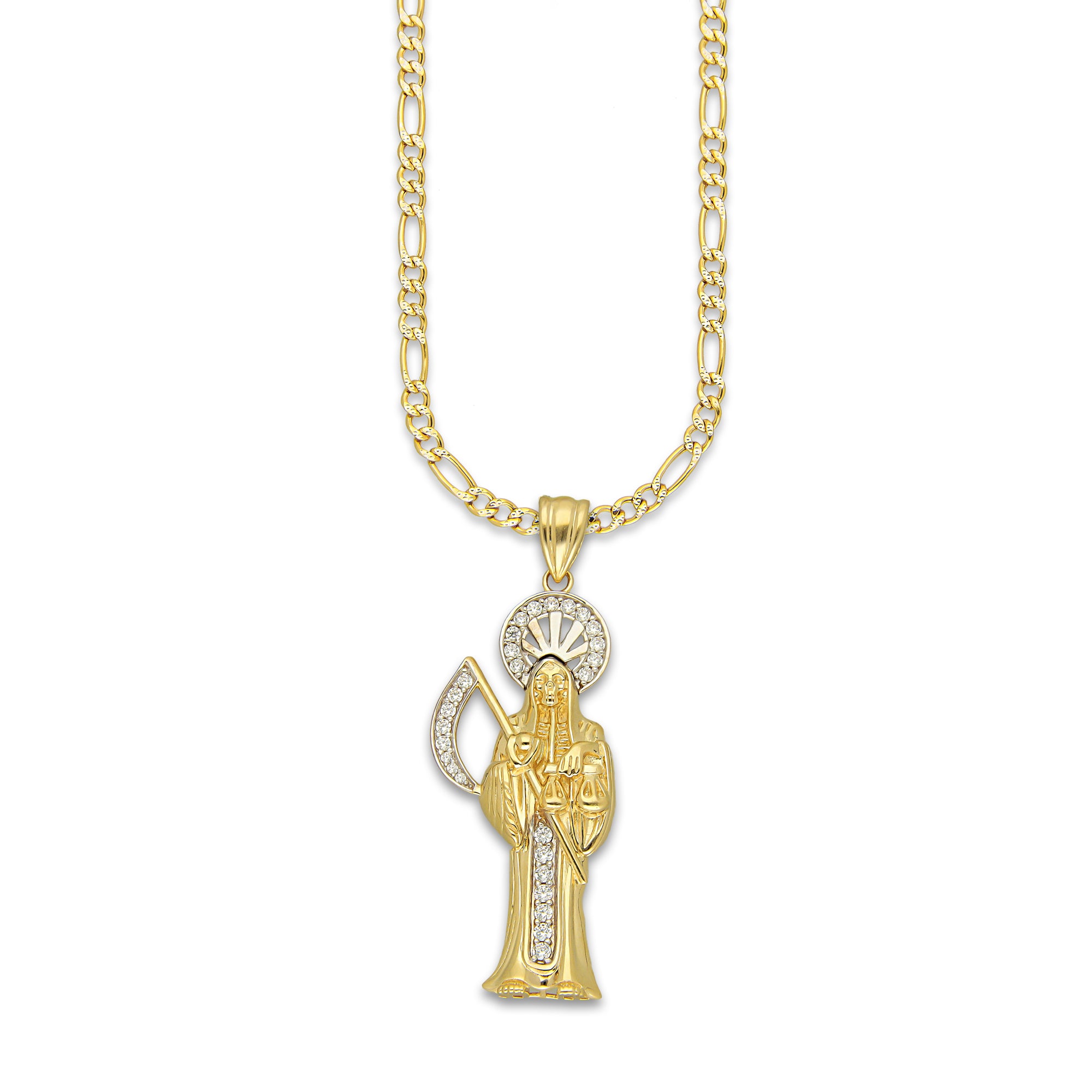 MR14DP100 Cadena Dama Oro Sólido 10K + Dije Oro Sólido 14K EM Santa Muerte con Zirconia 1.8 cm x 5.1 cm