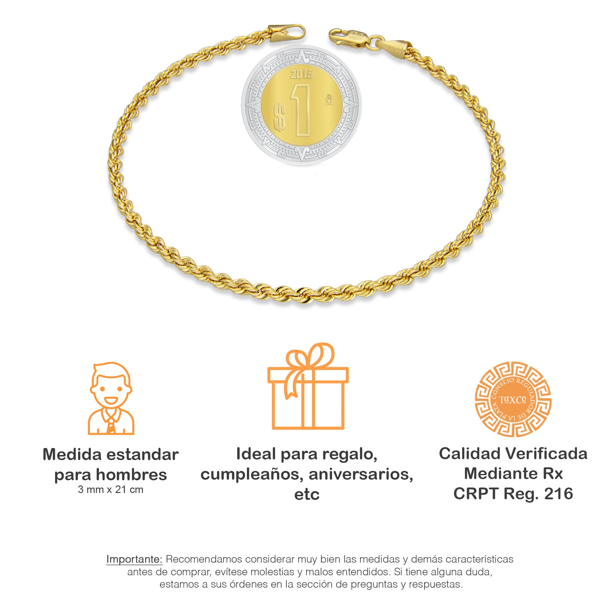 MR14PC012 Pulsera Para Caballero Oro Sólido 14K Torsal Lisa Super Ligera 3 mm x 21 cm