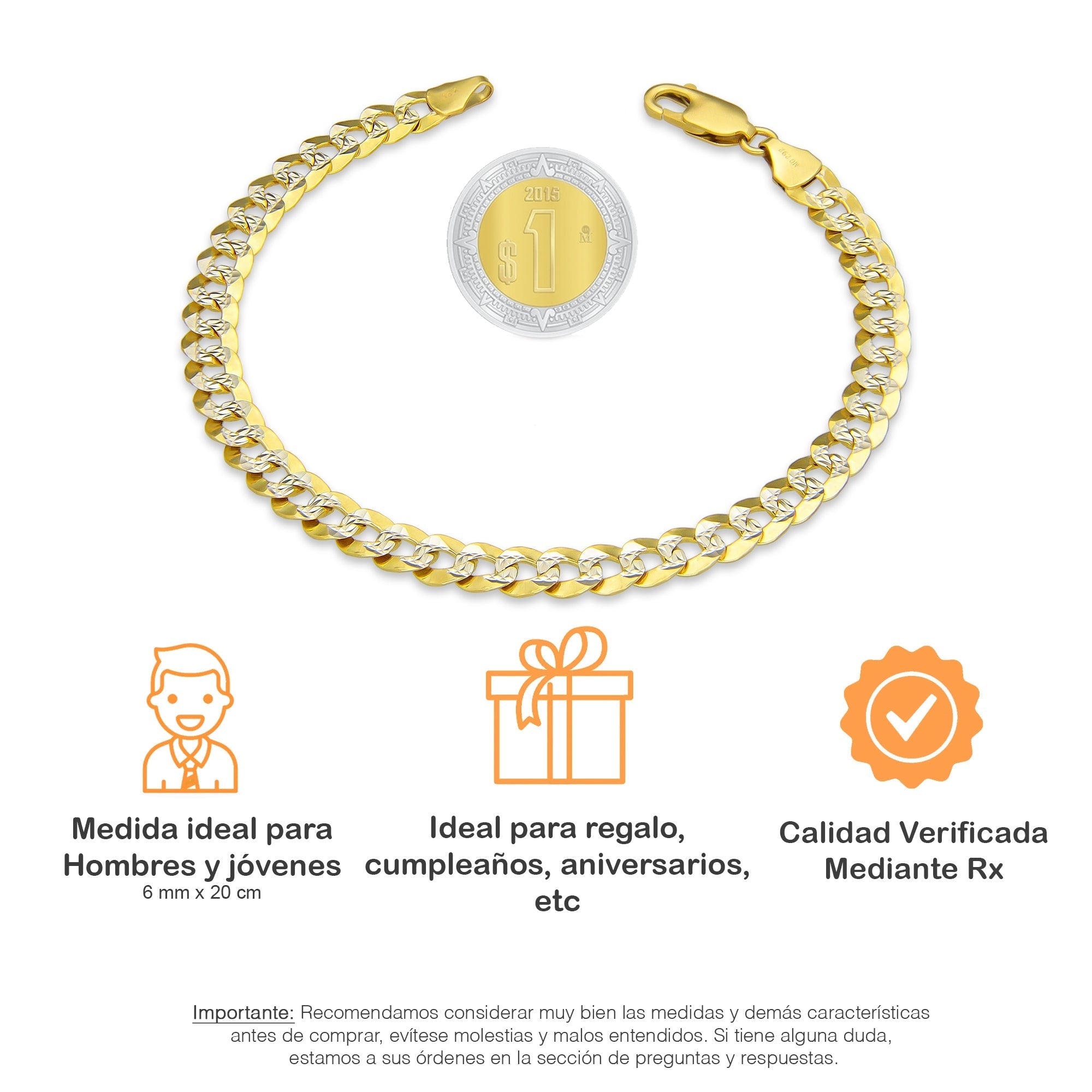 MR14PC035 Pulsera Para Caballero Oro Sólido 14K Mod Cubana Americana DIamantada 6 mm x 20 cm