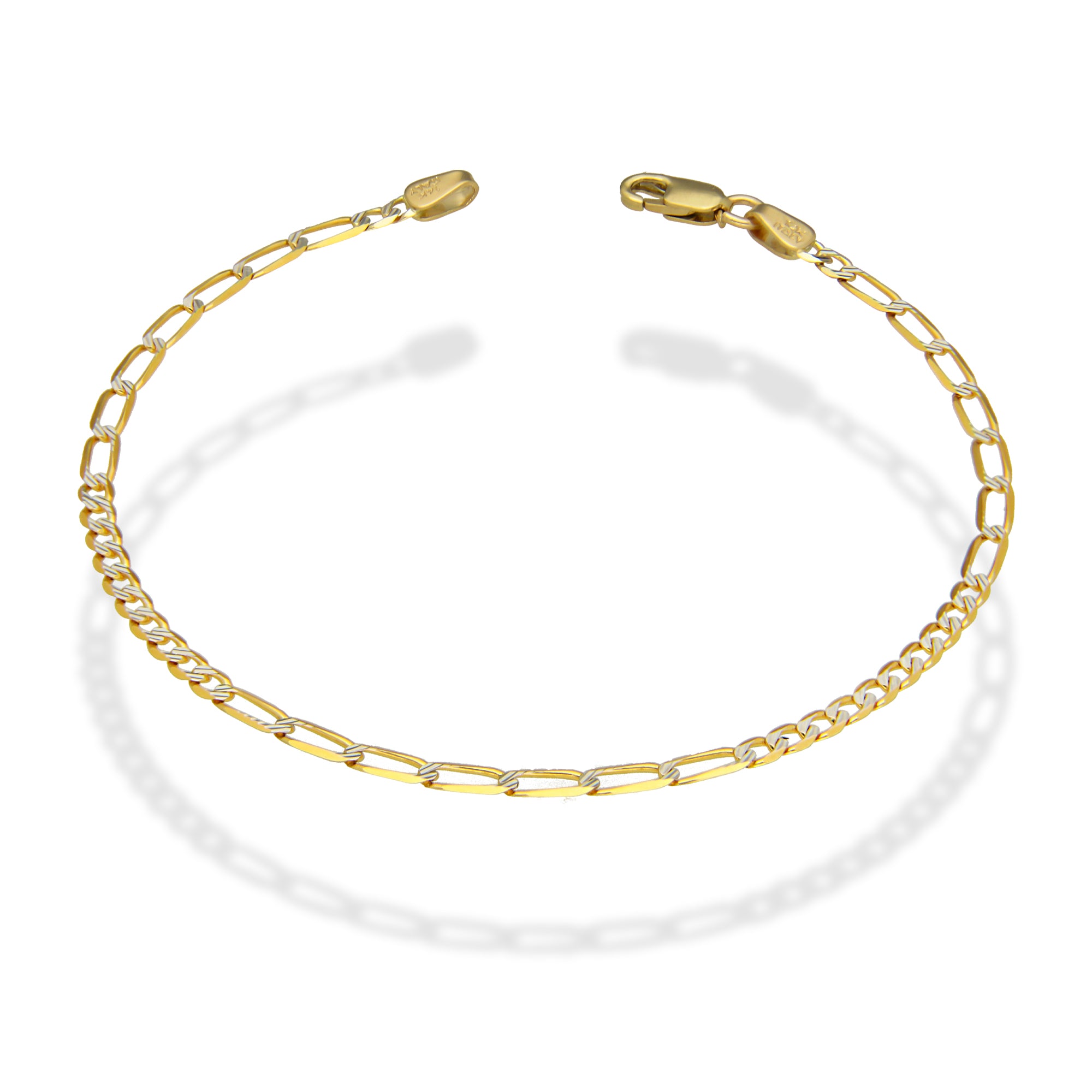 MR14PD021 Pulsera Dama Oro 14K Figaro Diamantada 7*10 3 Mm x 18 Cm