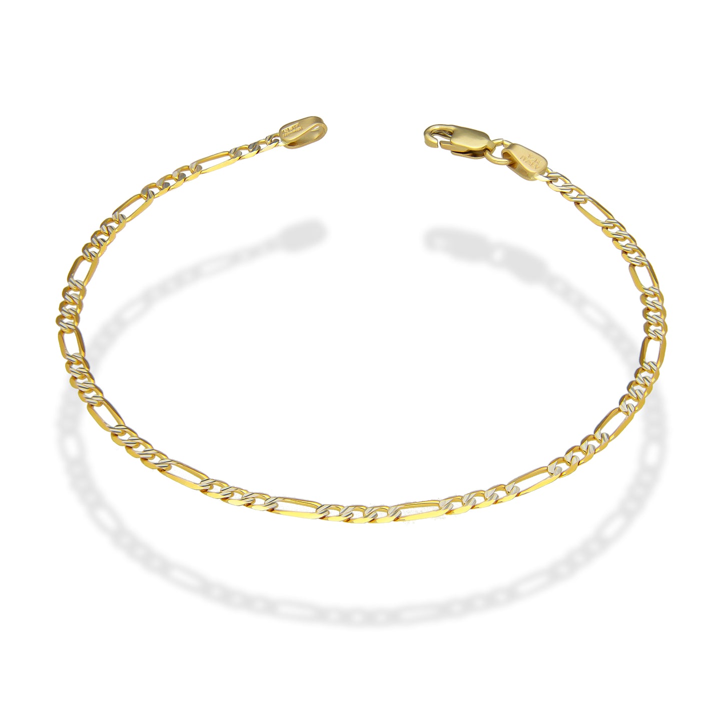 MR14PD022 Pulsera Dama Oro 14K Figaro Diamantada 3*1 3 Mm x 18 Cm