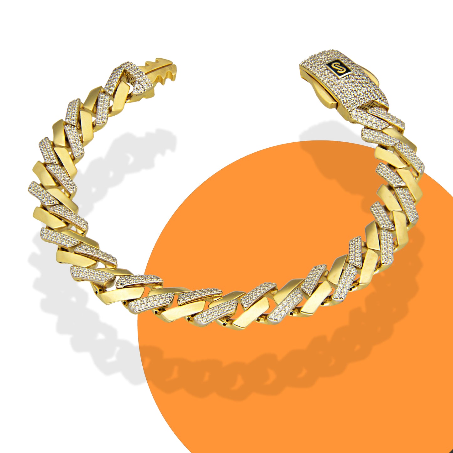 MR14PD050 Pulsera Dama Oro Sólido 14K Mónaco Chain Mod 1x0 Hexágono 1 Eslabón Liso 1 Con Zirconia 9 mm x 18.5 cm