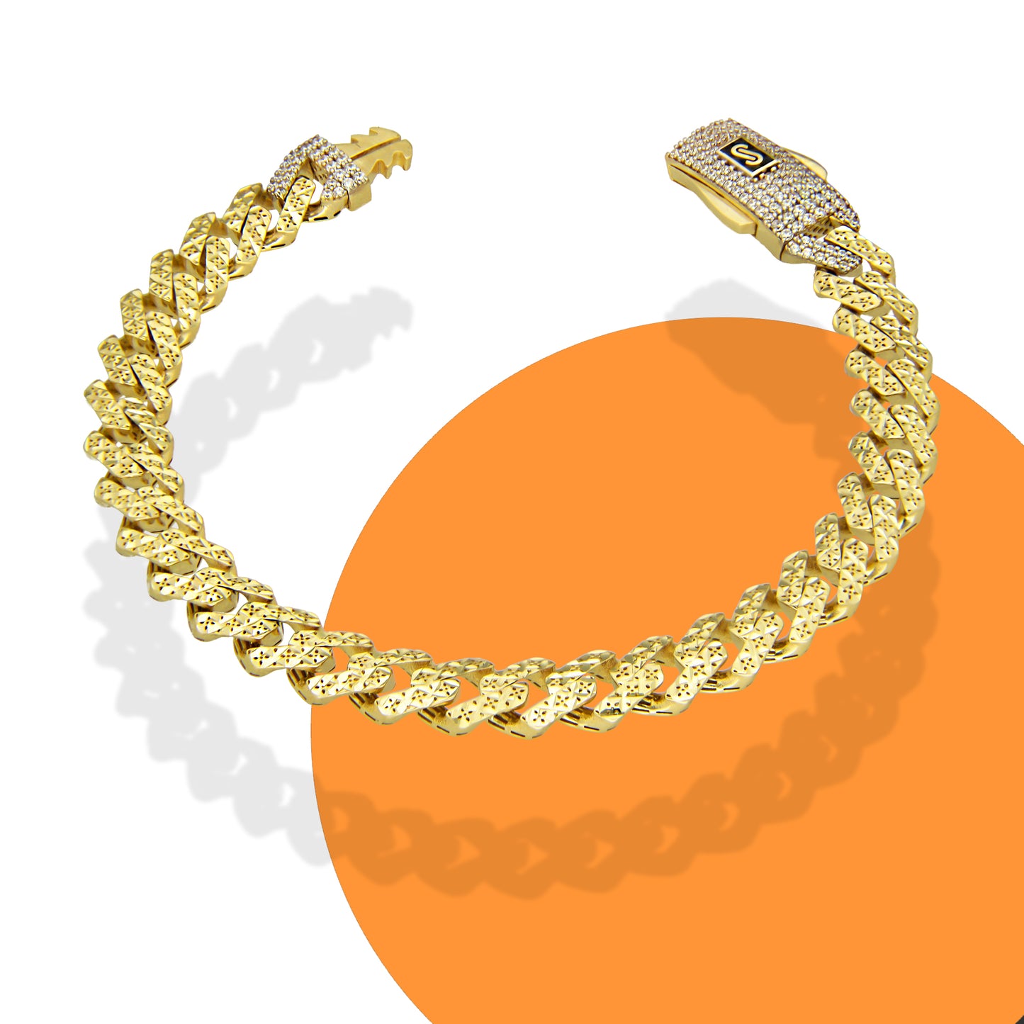 MR14PD051 Pulsera Dama Oro Sólido 14K Mónaco Chain Mod 1x0 Hexágono Eslabones Diamantados Broche con Zirconia 8 mm x 18 cm