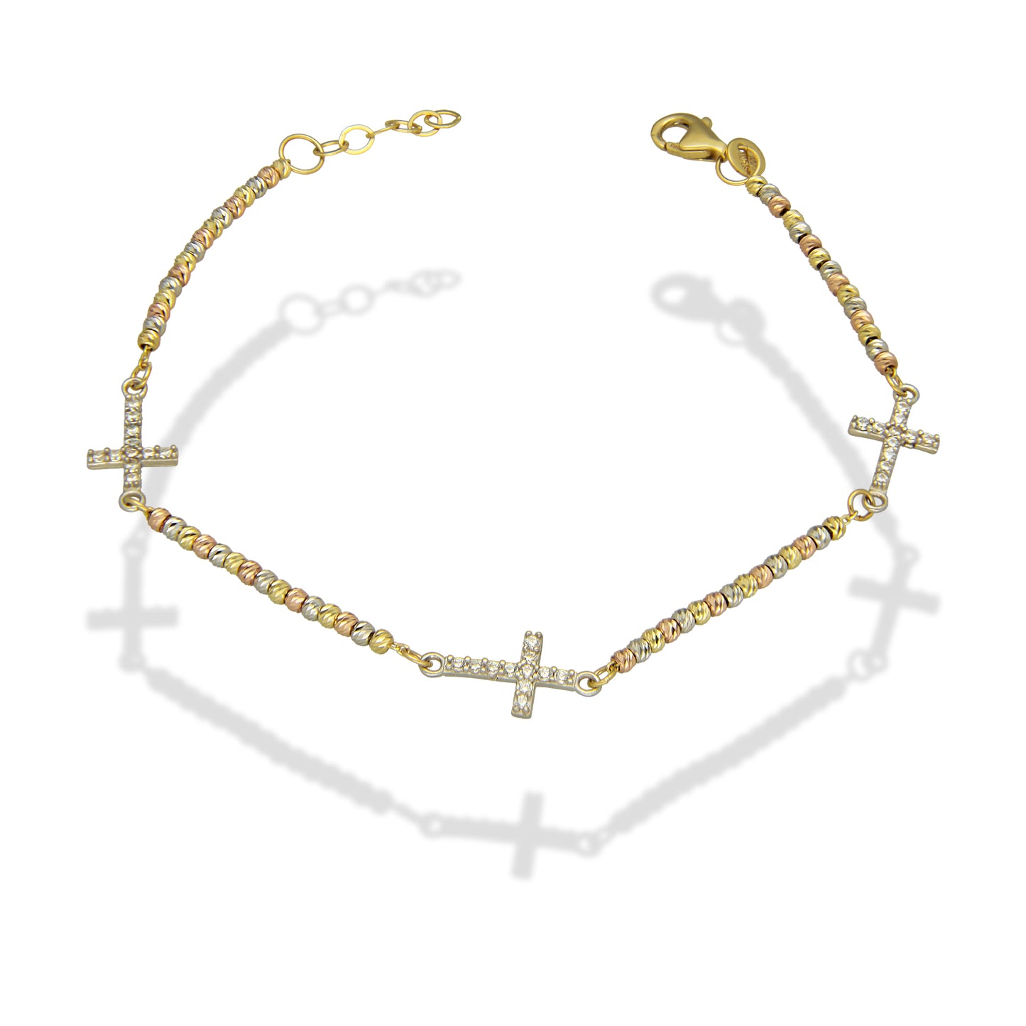 MR14PD058 Pulsera Dama Oro Sólido 14K Mod Bolitas Diamantadas Florentino con Cruces Ancho 8 mm Ajustable de 16 a 18 cm