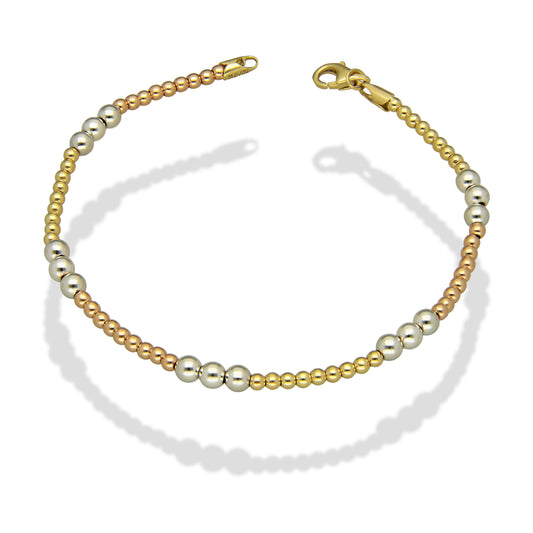 MR14PD060 Pulsera Dama Oro Sólido 14K Mod Bolitas Lisas 3 Oros 4 mm x 18.5 cm