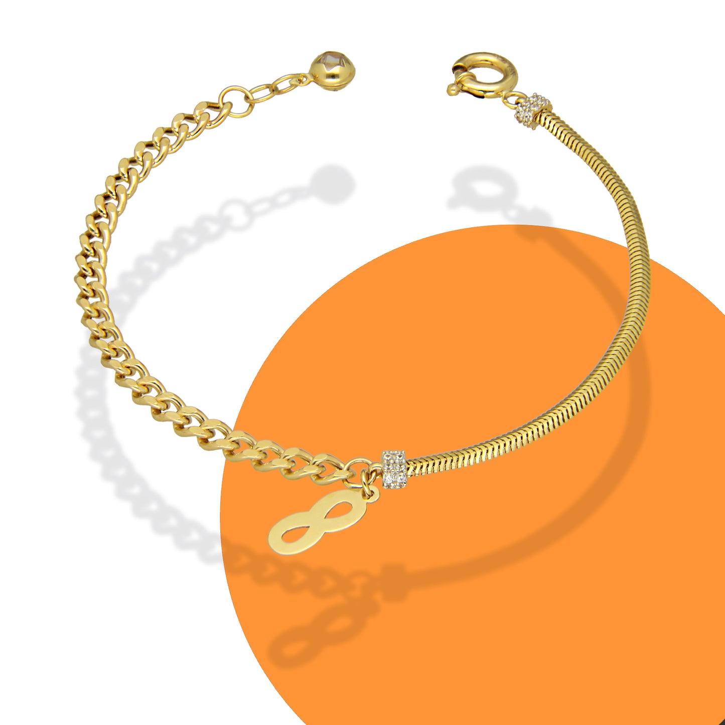 MR14PD066 Pulsera Dama Oro Sólido 14K Mod Mixta Panza de Víbora y Barbada con Infinito Ajustable 17 a 18 cm