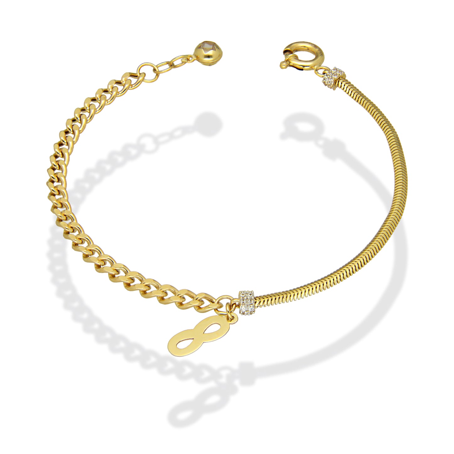 MR14PD066 Pulsera Dama Oro Sólido 14K Mod Mixta Panza de Víbora y Barbada con Infinito Ajustable 17 a 18 cm