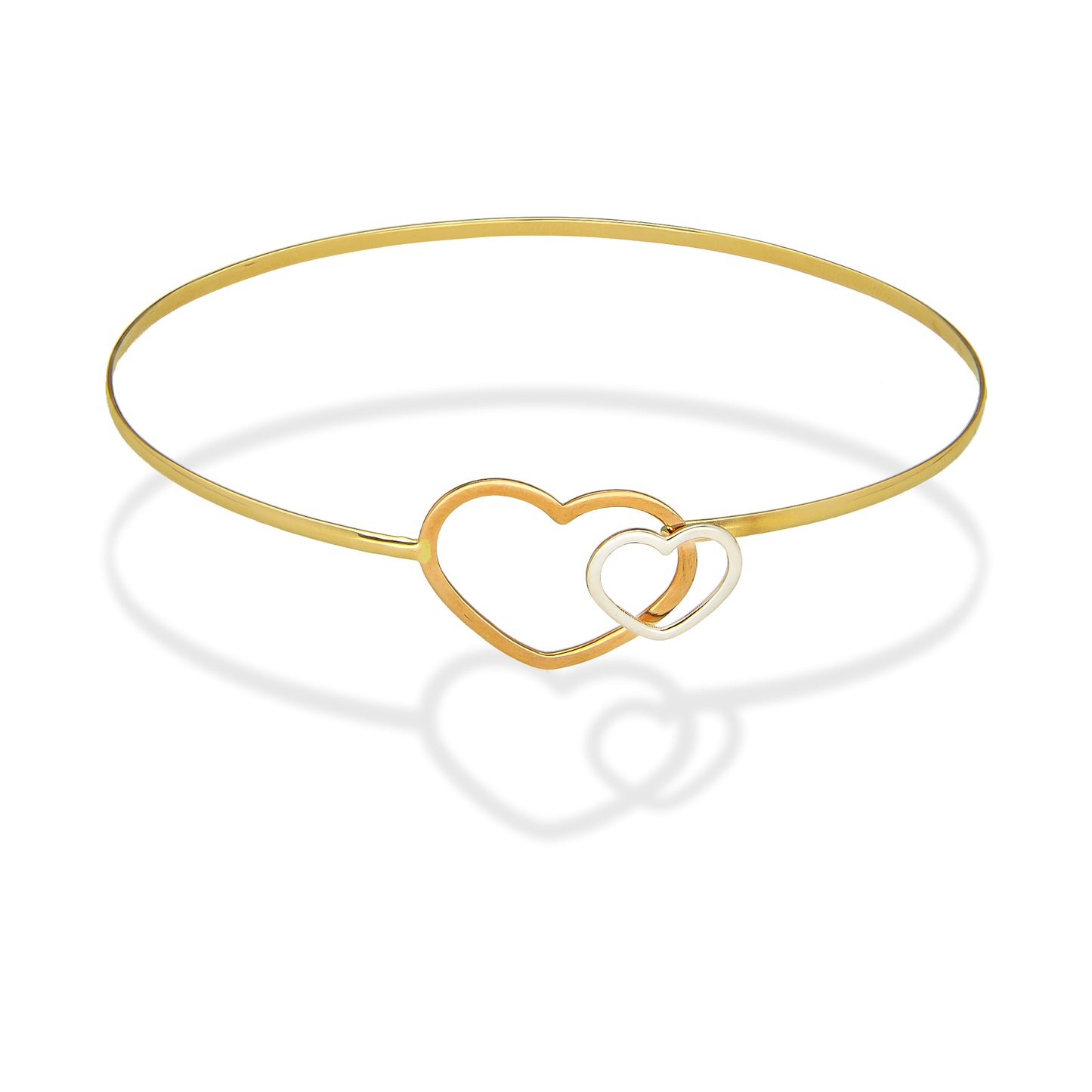 MR14PD090 Pulsera Dama Oro Sólido 14K Aro Corazones Duo Súper Ligero 18 cm