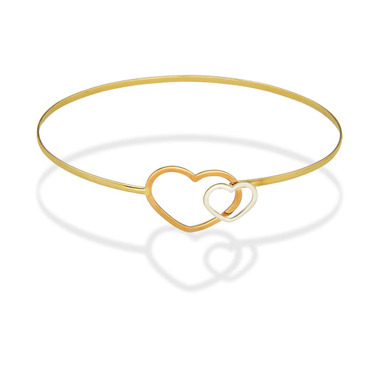 MR14PD090 Pulsera Dama Oro Sólido 14K Aro Corazones Duo Súper Ligero 18 cm