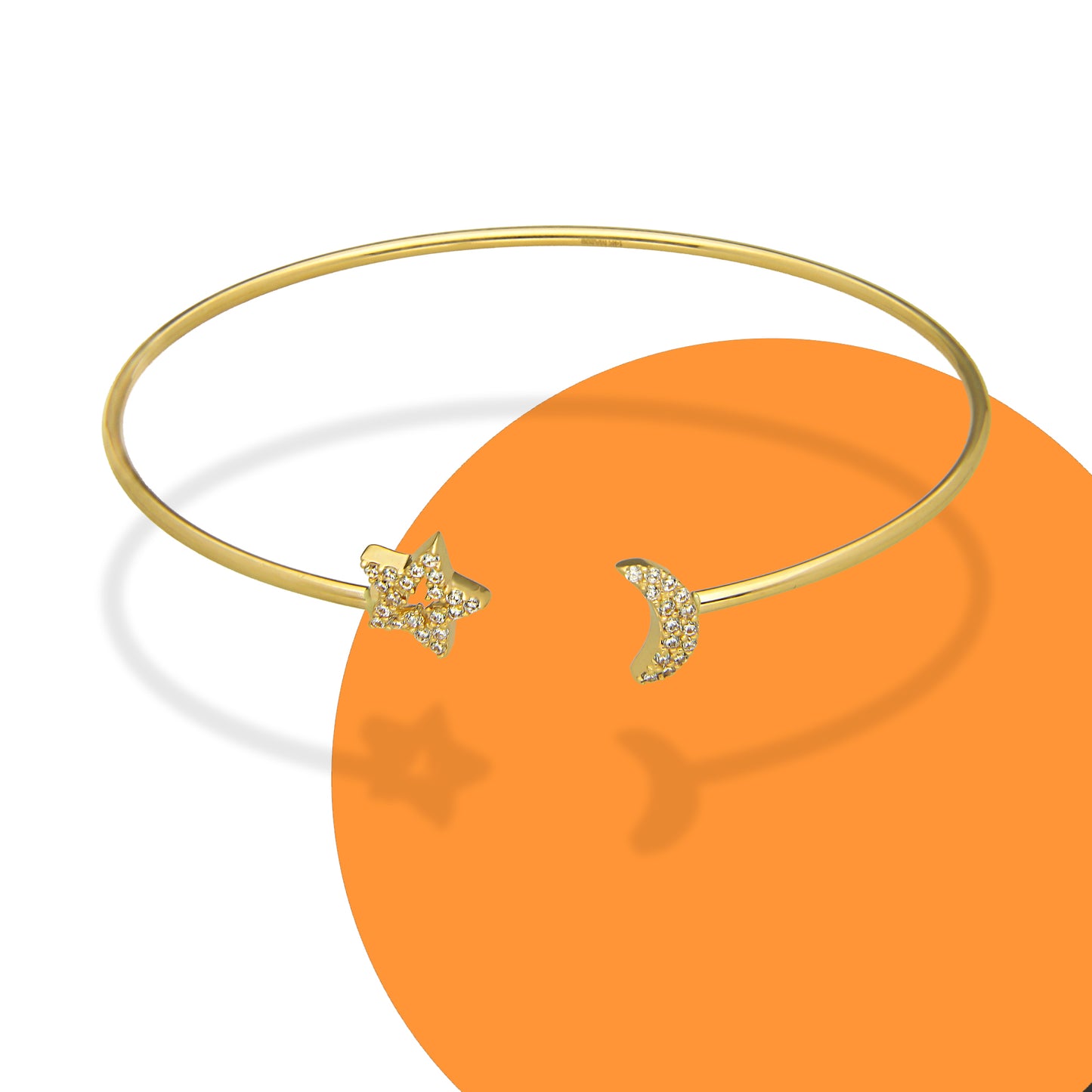 MR14PD092 Pulsera Dama Oro Sólido 14K Aro Tubular Luna y Estrella con Zirconias 18 cm