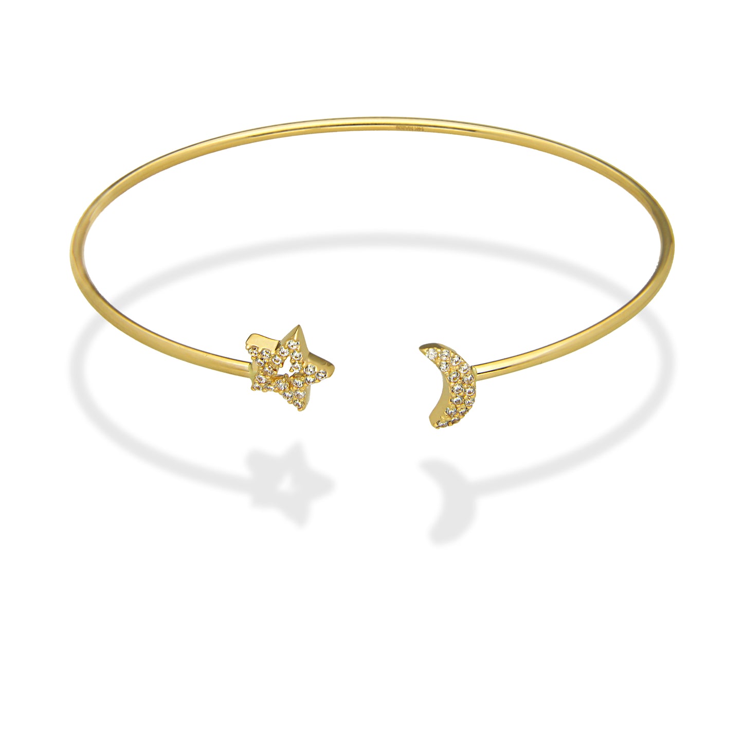 MR14PD092 Pulsera Dama Oro Sólido 14K Aro Tubular Luna y Estrella con Zirconias 18 cm