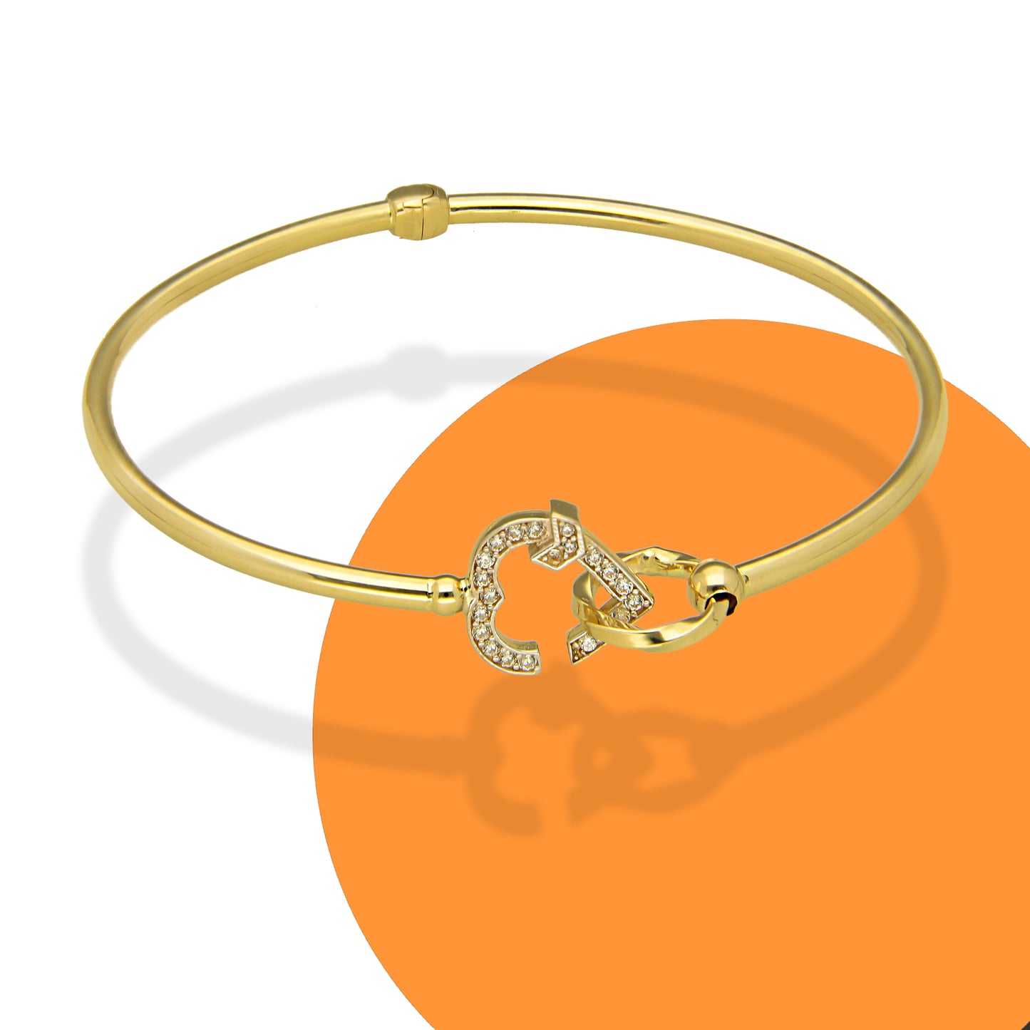 MR14PD094 Pulsera Dama Oro Sólido 14K Aro Tubular Broche Corazón con Zirconia 18 cm