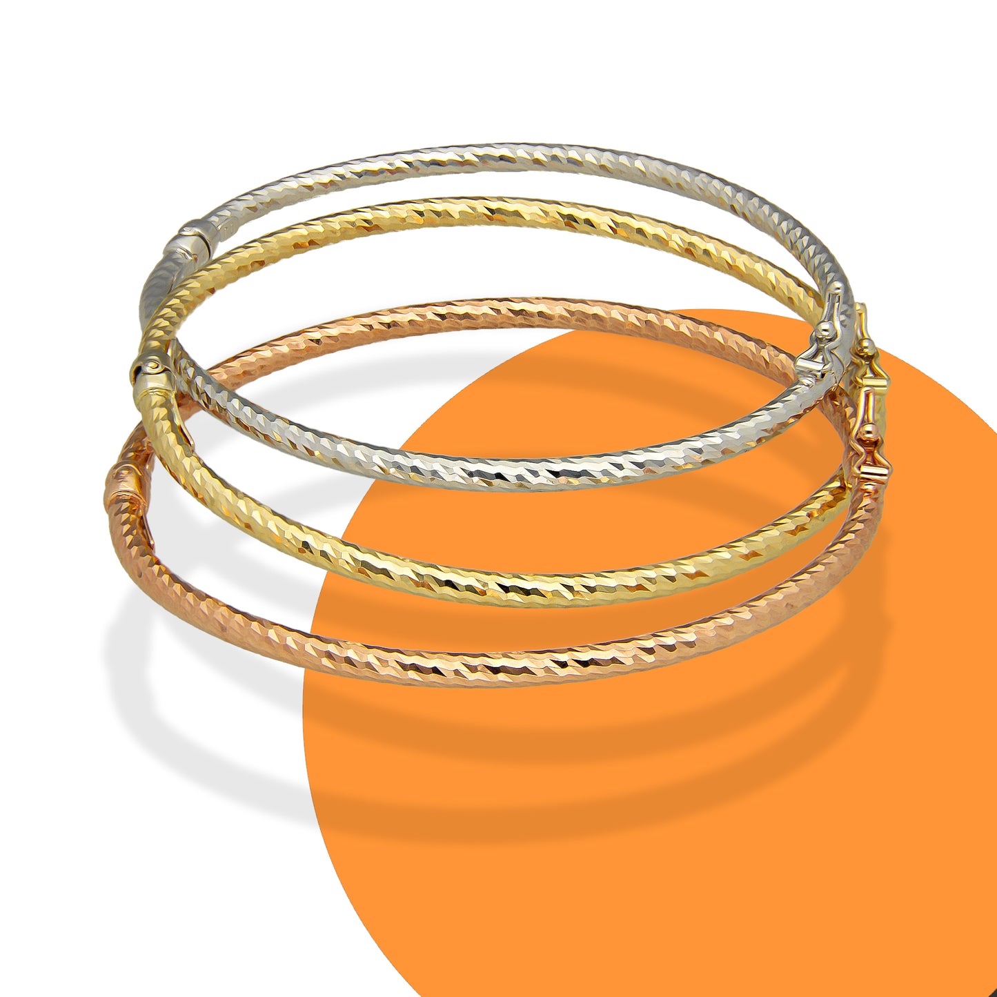 MR14PD100 Pulsera Dama Oro Sólido 14K Aro Set de 3 Aros Fin de Semana 3 Oros Diamantados 18 cm