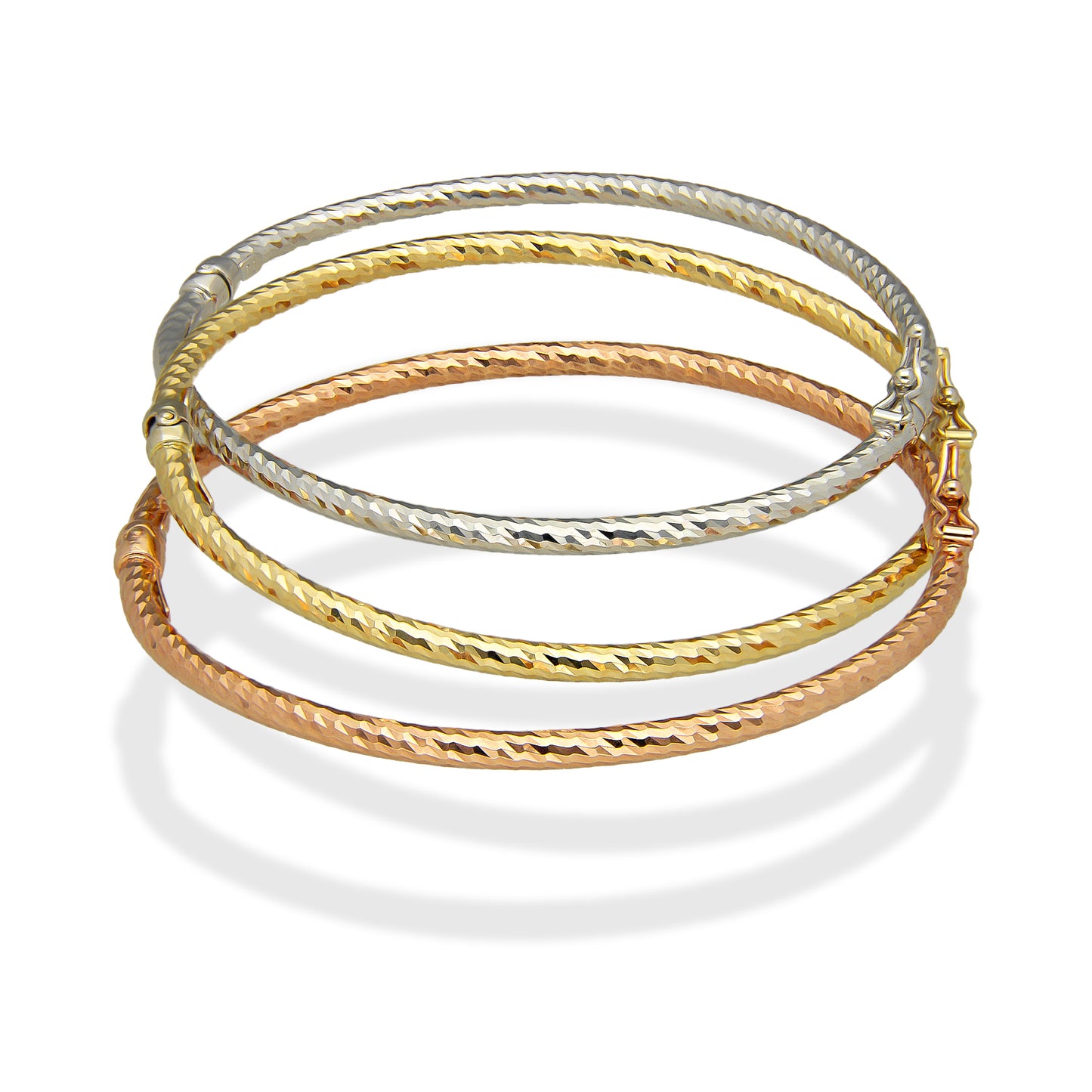 MR14PD100 Pulsera Dama Oro Sólido 14K Aro Set de 3 Aros Fin de Semana 3 Oros Diamantados 18 cm