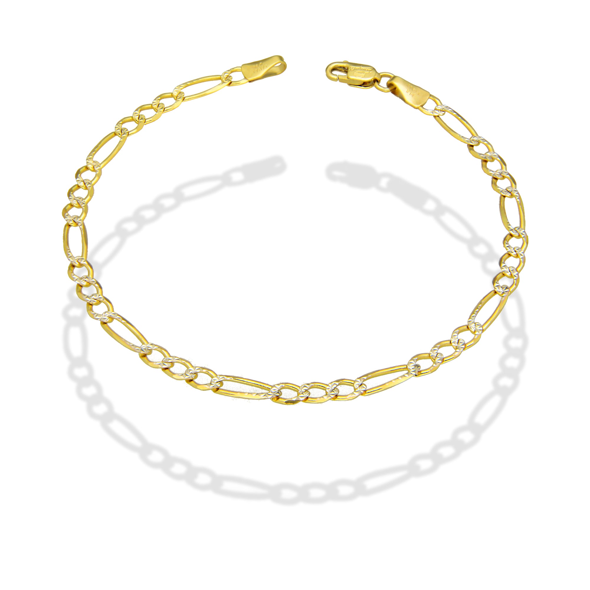MR14PD108 Pulsera Dama Oro Sólido 14K Mod Fígaro 3*1 Diamantada 3.5 mm x 18 cm