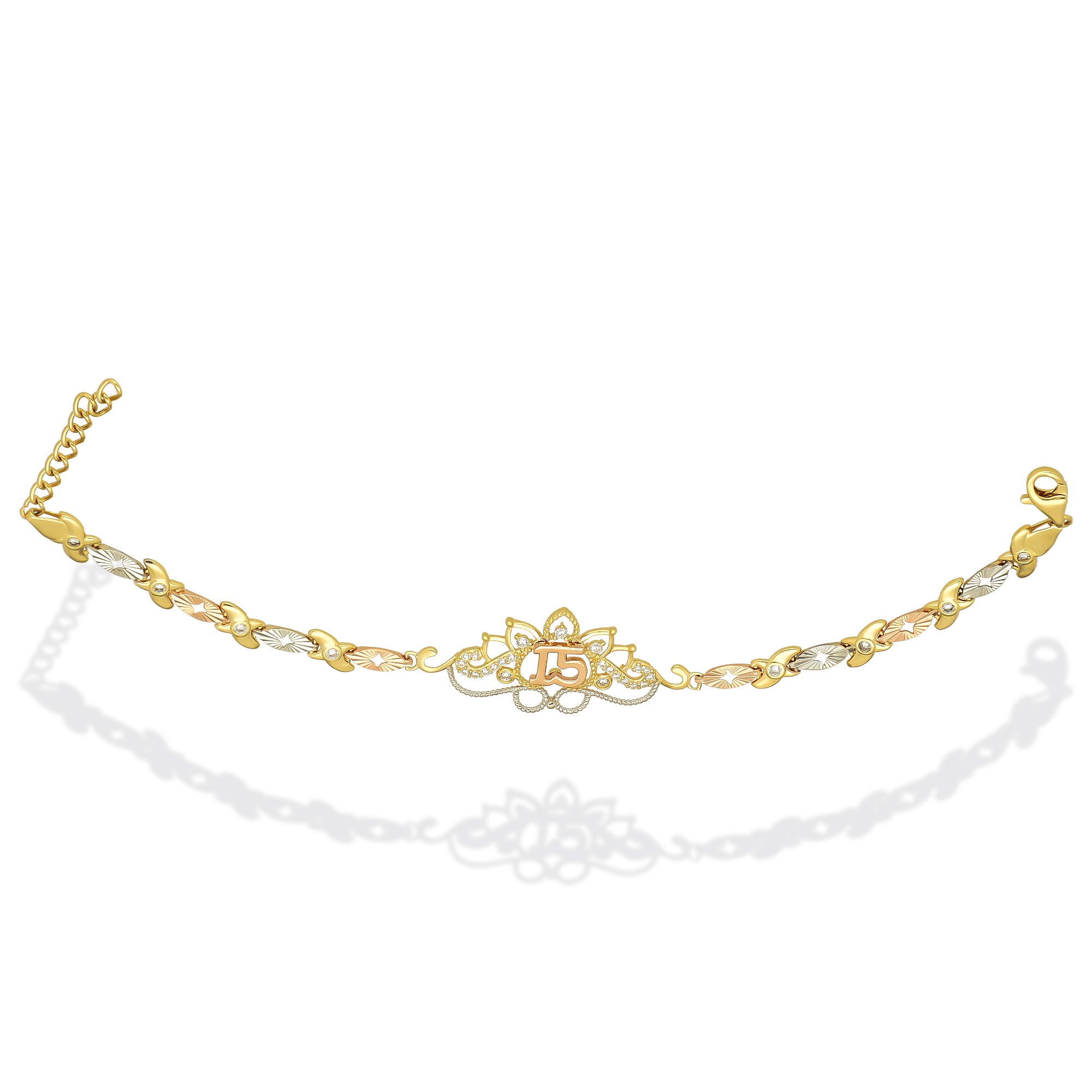 MR14PD122 Pulsera Esclava Dama Oro Sólido 14K Mod XV Años Ornamento Filigrana con Zirconias Ancho Figura 19 mm, Ancho Eslabón 5 mm x 19 cm
