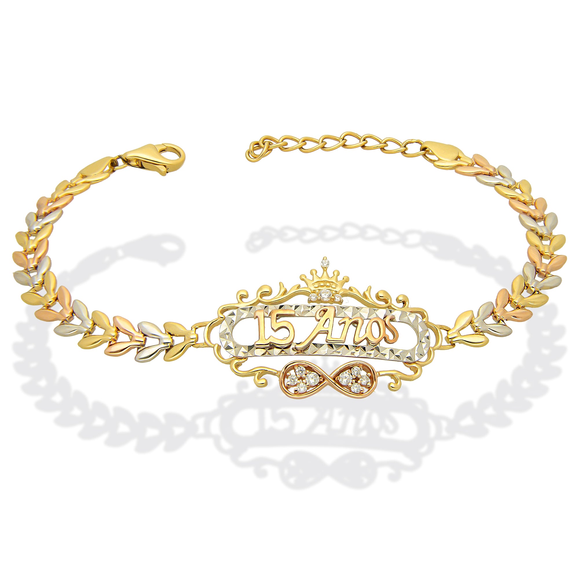 MR14PD124 Pulsera Esclava Dama Oro Sólido 14K Mod XV Años Ornamentado Infinito 3 Oros Ancho Figura 20 mm, Ancho Eslabón 5 mm x 18 cm