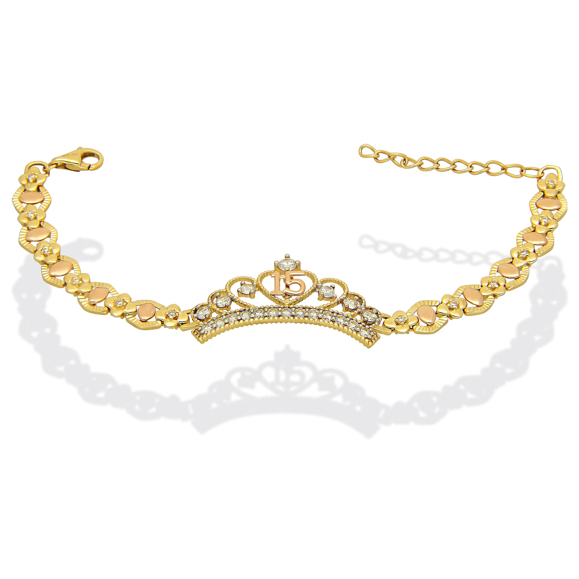 MR14PD126 Pulsera Esclava Dama Oro Sólido 14K Mod XV Años Corona Grande 7 Zirconias Ancho Figura 17 mm, Ancho Eslabón 7 mm x 18 cm