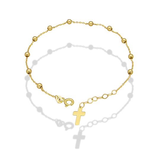 MR14PD127 Pulsera Decenario Oro Sólido 14K EMF14 Bolitas Lisa 2 mm Ajustable de 17 a 18.5 cm Cruz Lisa