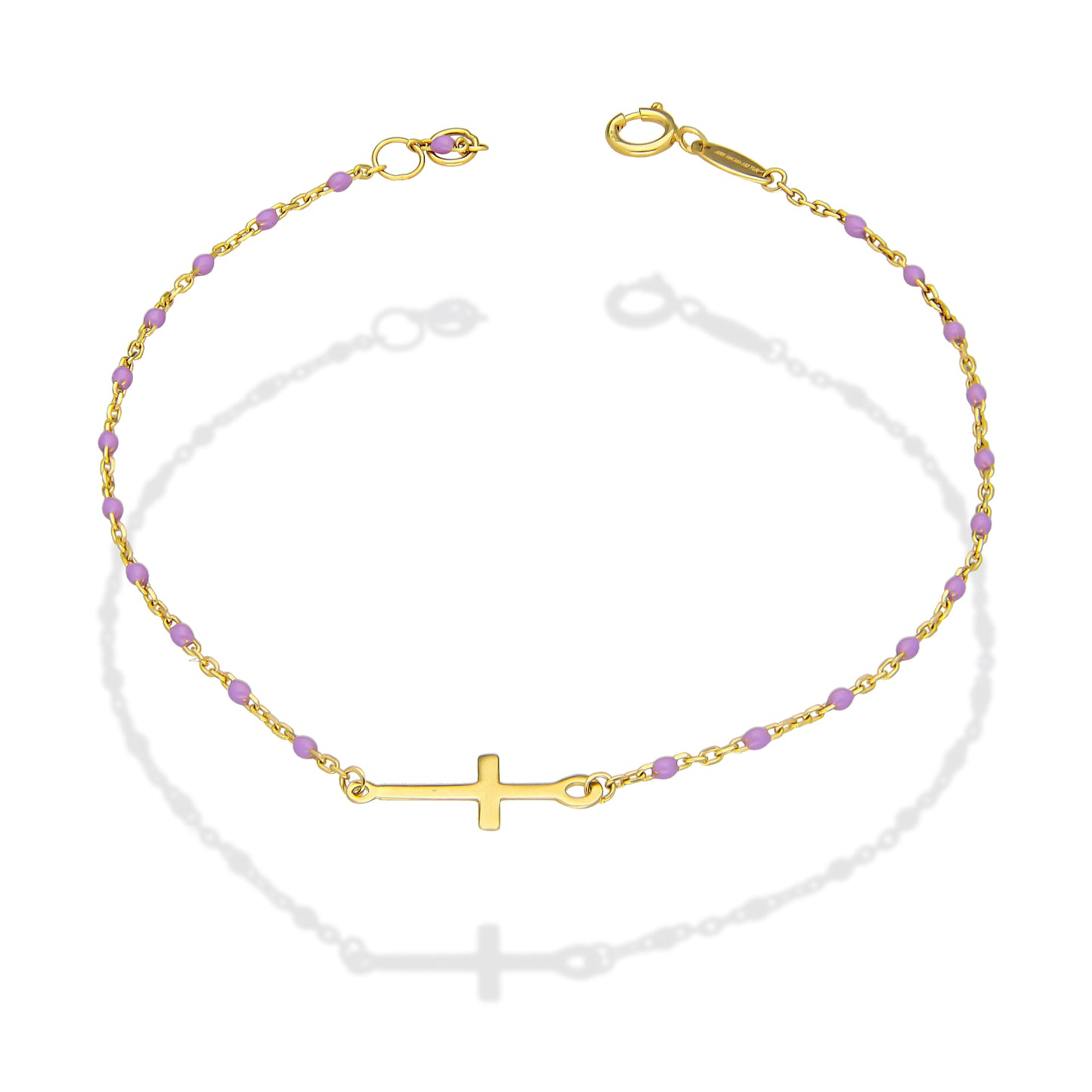 MR14PD140 Pulsera Dama Oro Sólido 14K EMF14 Modelo Bolitas Morado con Cruz Lisa en medio 1 mm x 18 cm