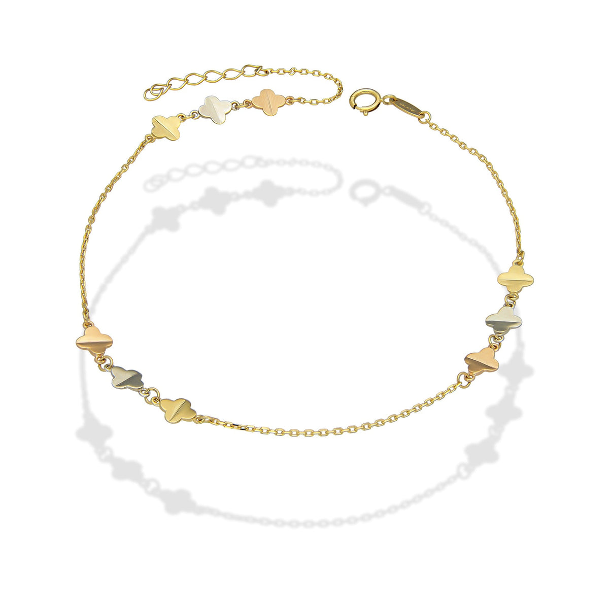 MR14TB001 Pulsera Tobillera Dama Oro Sólido 14K Mod Triada Trébol Florentino 5 mm Ajustable de 23 a 25 cm