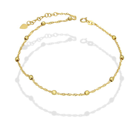 MR14TB004 Pulsera Tobillera Dama Oro Sólido 14K Mod Torsal con Bolitas Facetadas 3 mm Ajustable de 23 a 25 cm