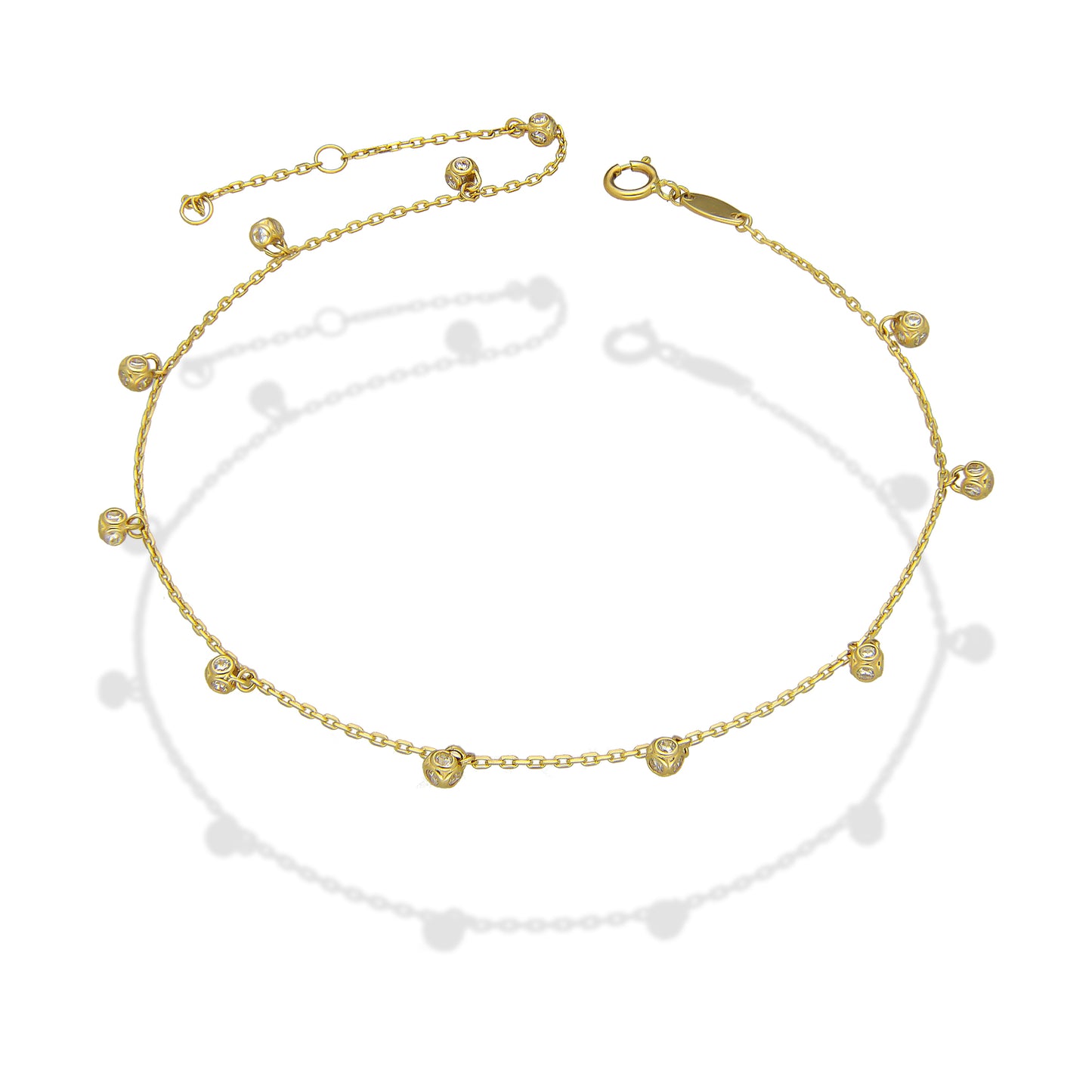 MR14TB008 Pulsera Tobillera Dama Oro Sólido 14K Mod Bolitas con Zirconia Colgantes 4 mm Ajustable de 23 a 25 cm