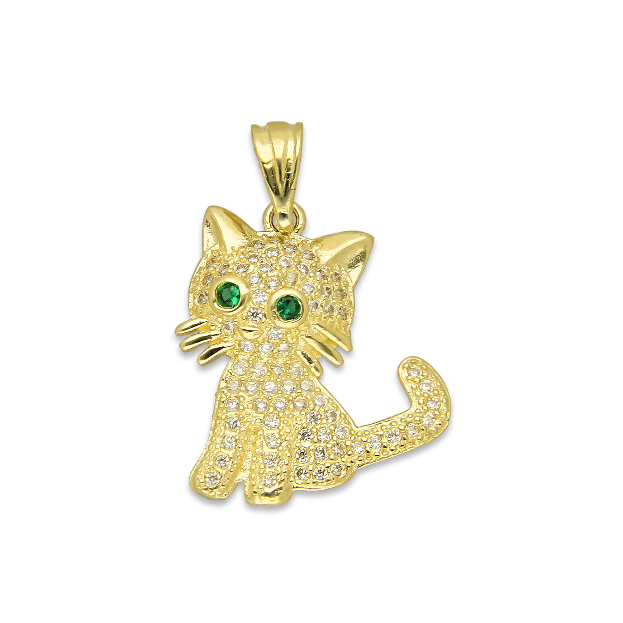 NR14DJ130 Dije Oro Sólido 14K Gato Ojos Verdes Pavé 1.9 cm x 2.5 cm