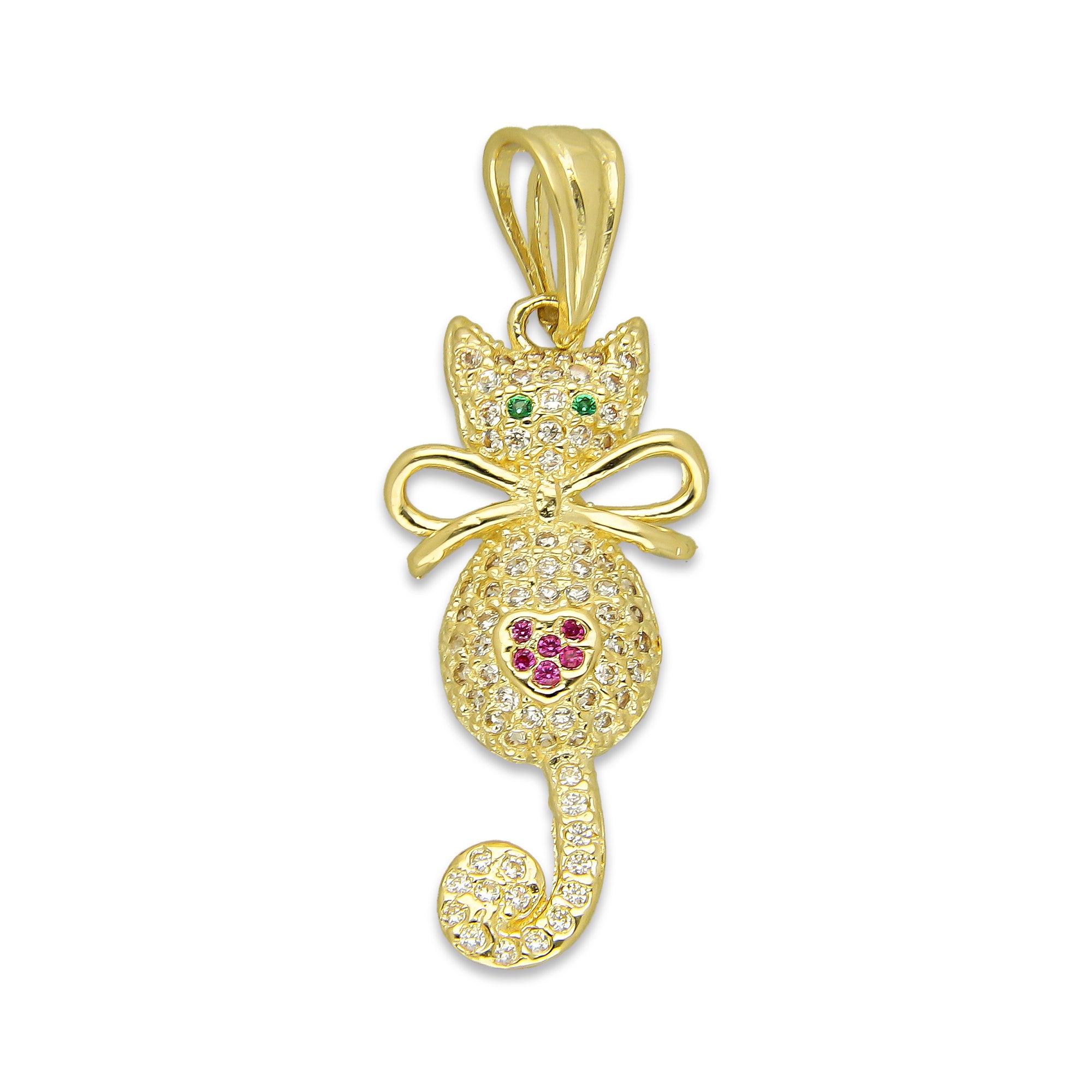 NR14DJ131 Dije Oro Sólido 14K Gato Cola Colgante con Moño Pavé 1.3 cm x 3.5 cm