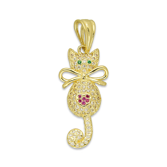 NR14DJ131 Dije Oro Sólido 14K Gato Cola Colgante con Moño Pavé 1.3 cm x 3.5 cm
