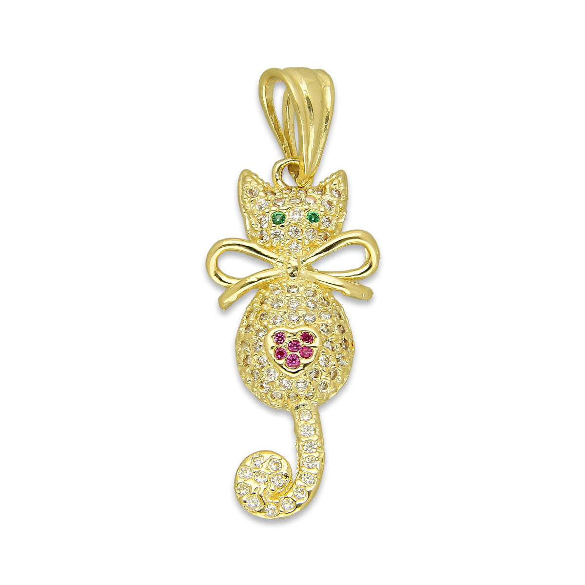 NR14DJ131 Dije Oro Sólido 14K Gato Cola Colgante con Moño Pavé 1.3 cm x 3.5 cm