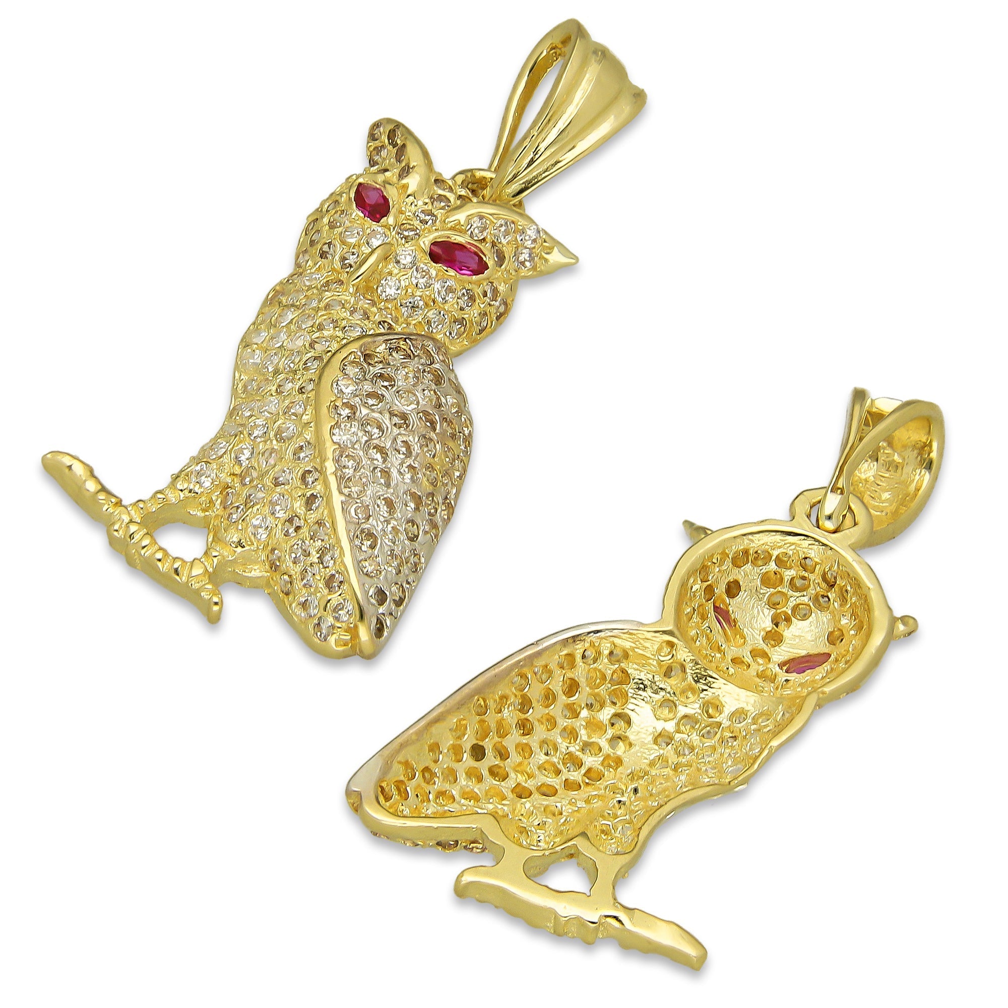 NR14DJ132 Dije Oro Sólido 14K Búho Ojos Rojos Semilla 1.7 cm x 3.2 cm