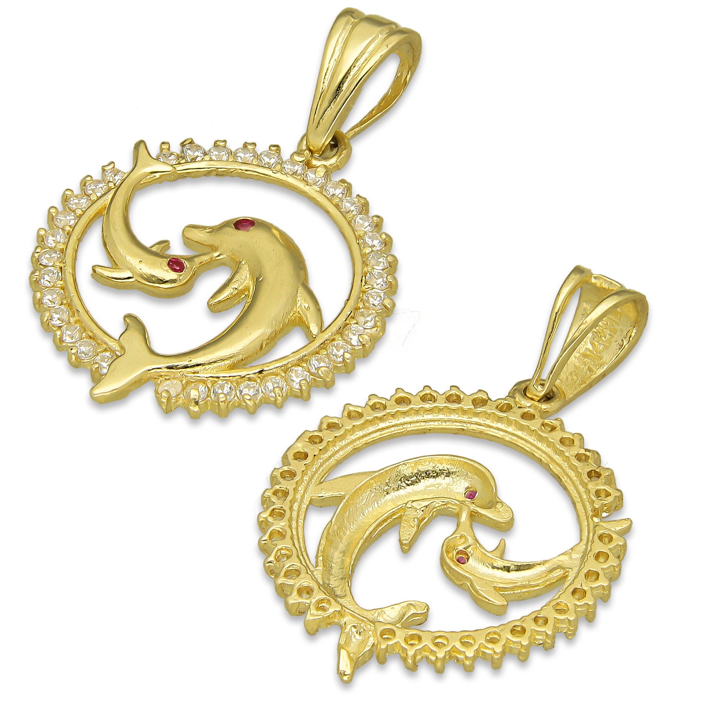 NR14DJ135 Dije Oro Sólido 14K Delfines Círculo Yin Yang 2 cm x 3 cm
