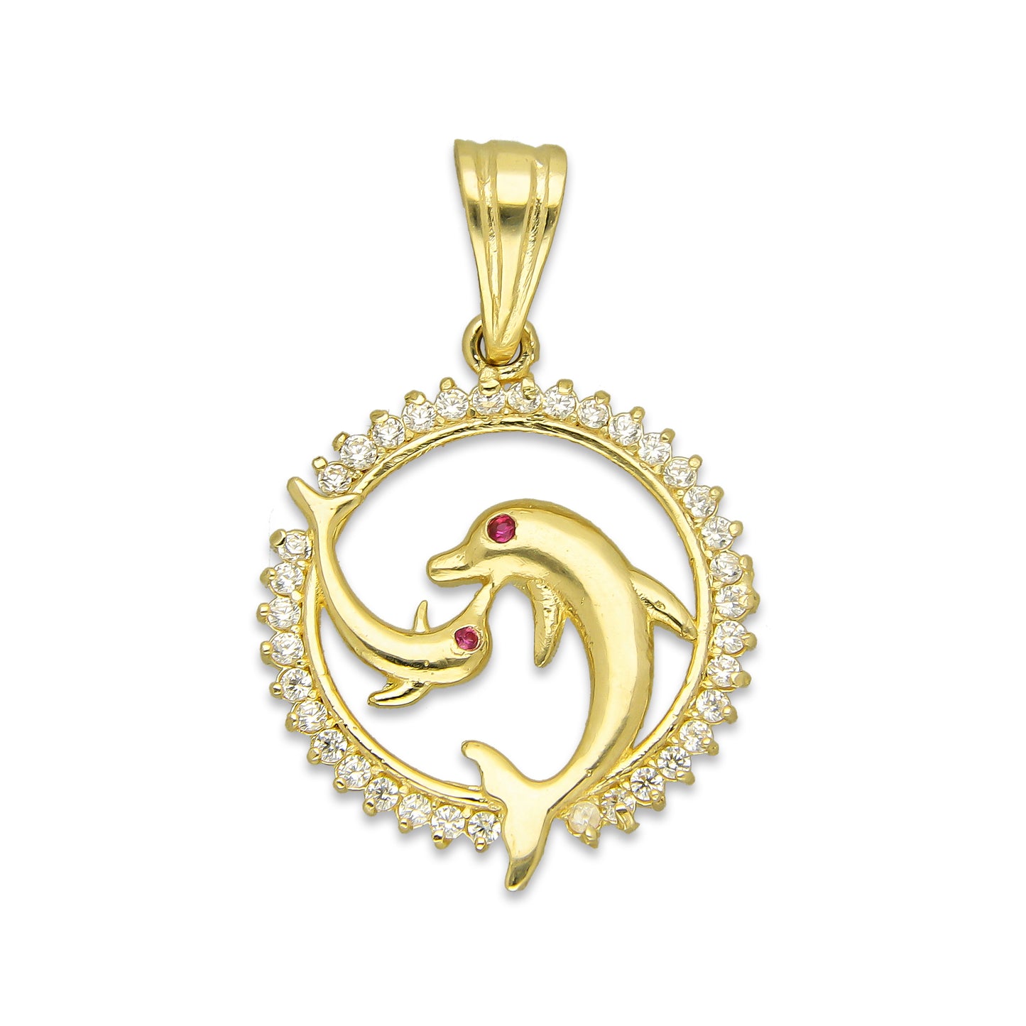 NR14DJ135 Dije Oro Sólido 14K Delfines Círculo Yin Yang 2 cm x 3 cm