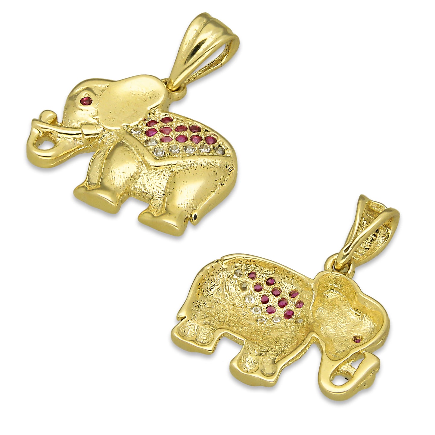 NR14DJ137 Dije Oro Sólido 14K Elefante Manto ZIrconias Rojas 1.7 cm x 2 cm