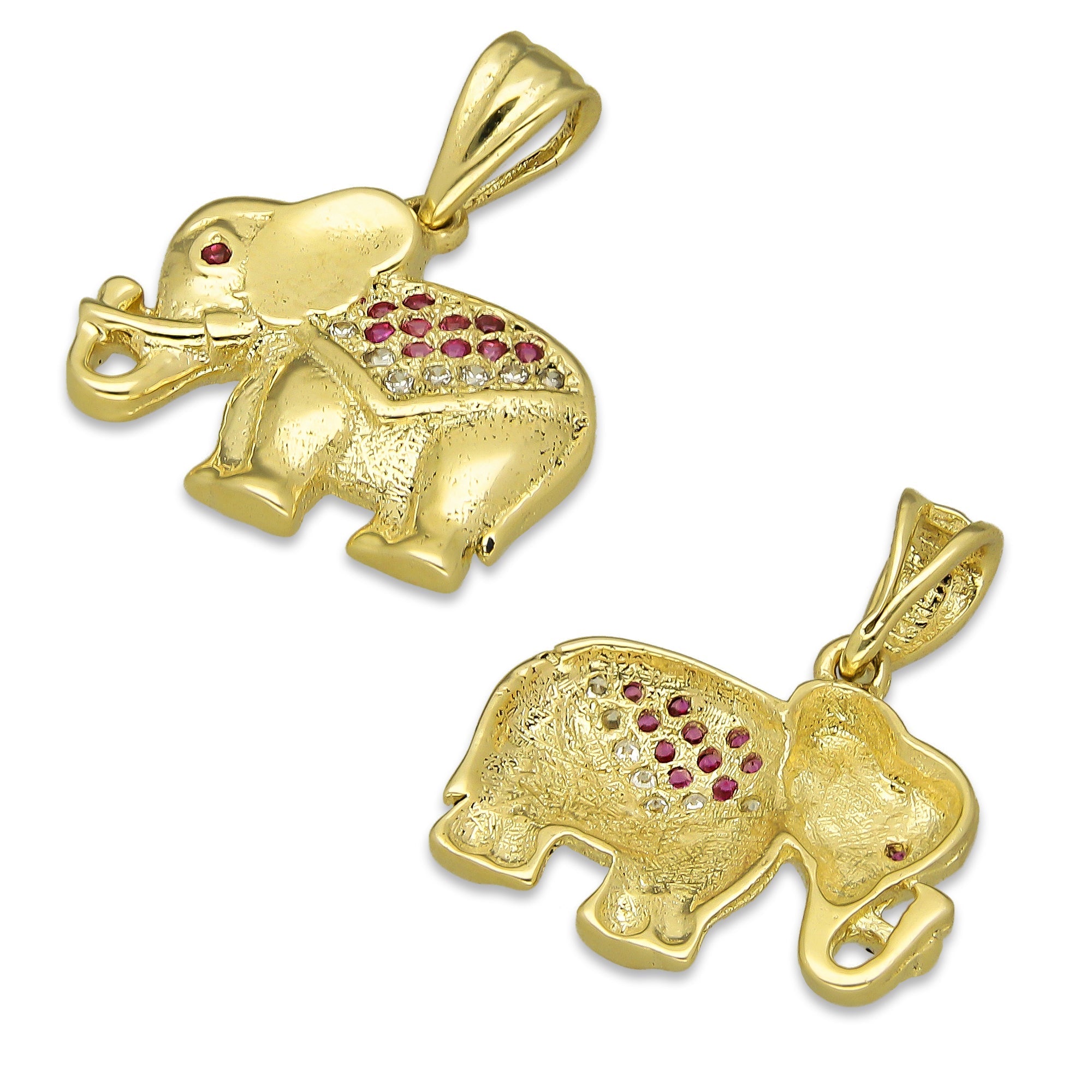 NR14DJ137 Dije Oro Sólido 14K Elefante Manto ZIrconias Rojas 1.7 cm x 2 cm