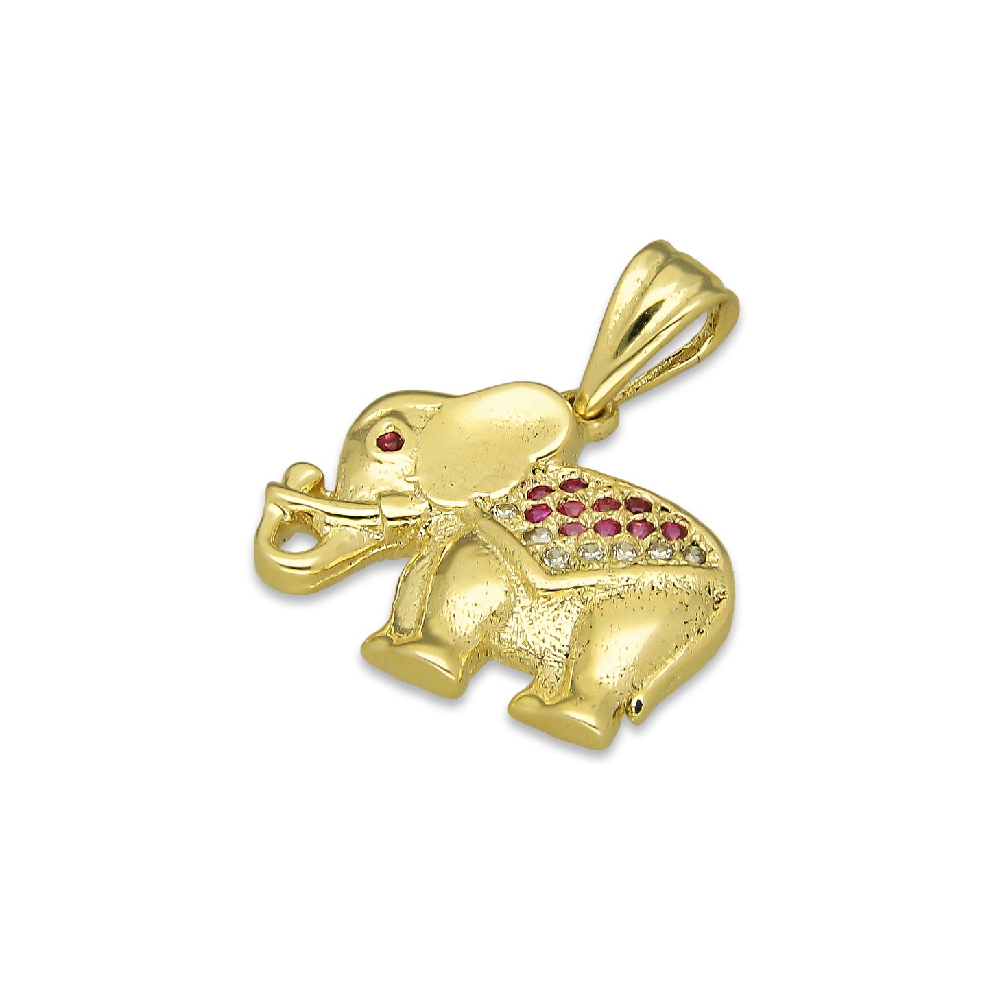 NR14DJ137 Dije Oro Sólido 14K Elefante Manto ZIrconias Rojas 1.7 cm x 2 cm