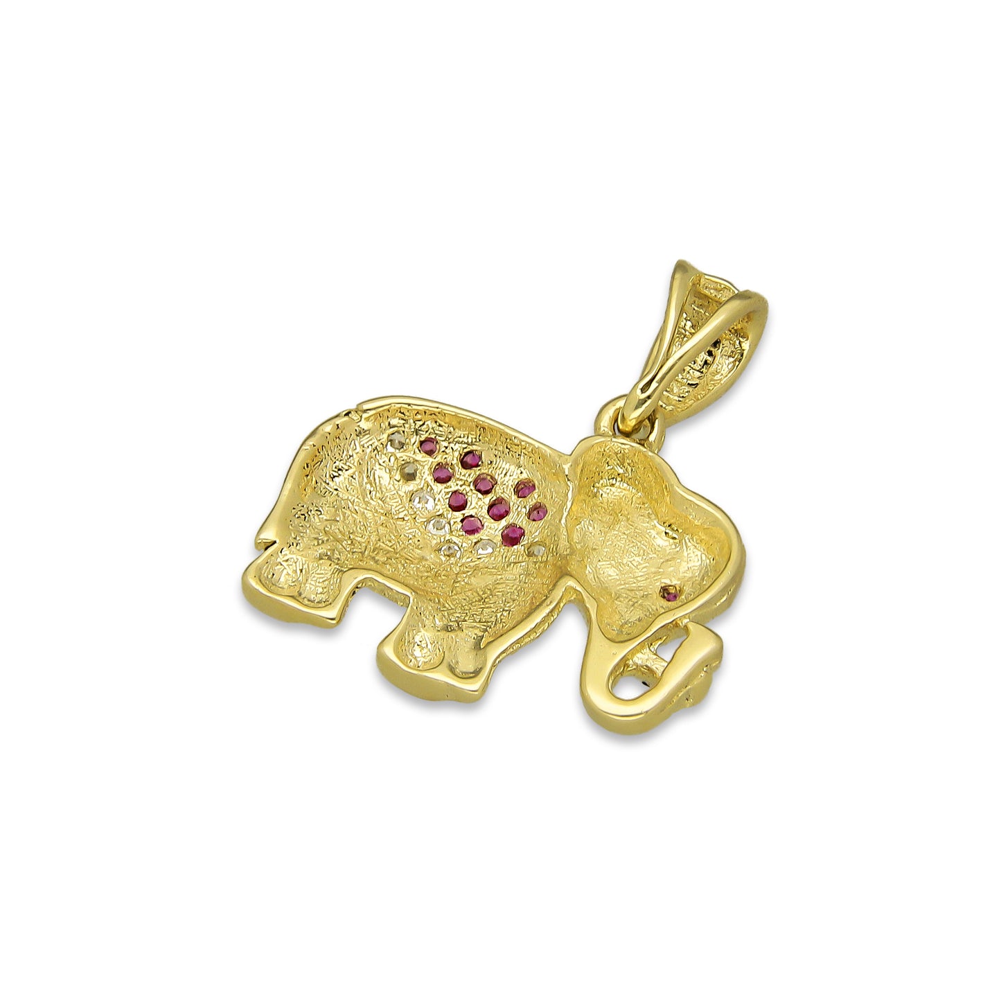 NR14DJ137 Dije Oro Sólido 14K Elefante Manto ZIrconias Rojas 1.7 cm x 2 cm