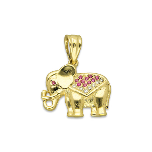 NR14DJ137 Dije Oro Sólido 14K Elefante Manto ZIrconias Rojas 1.7 cm x 2 cm