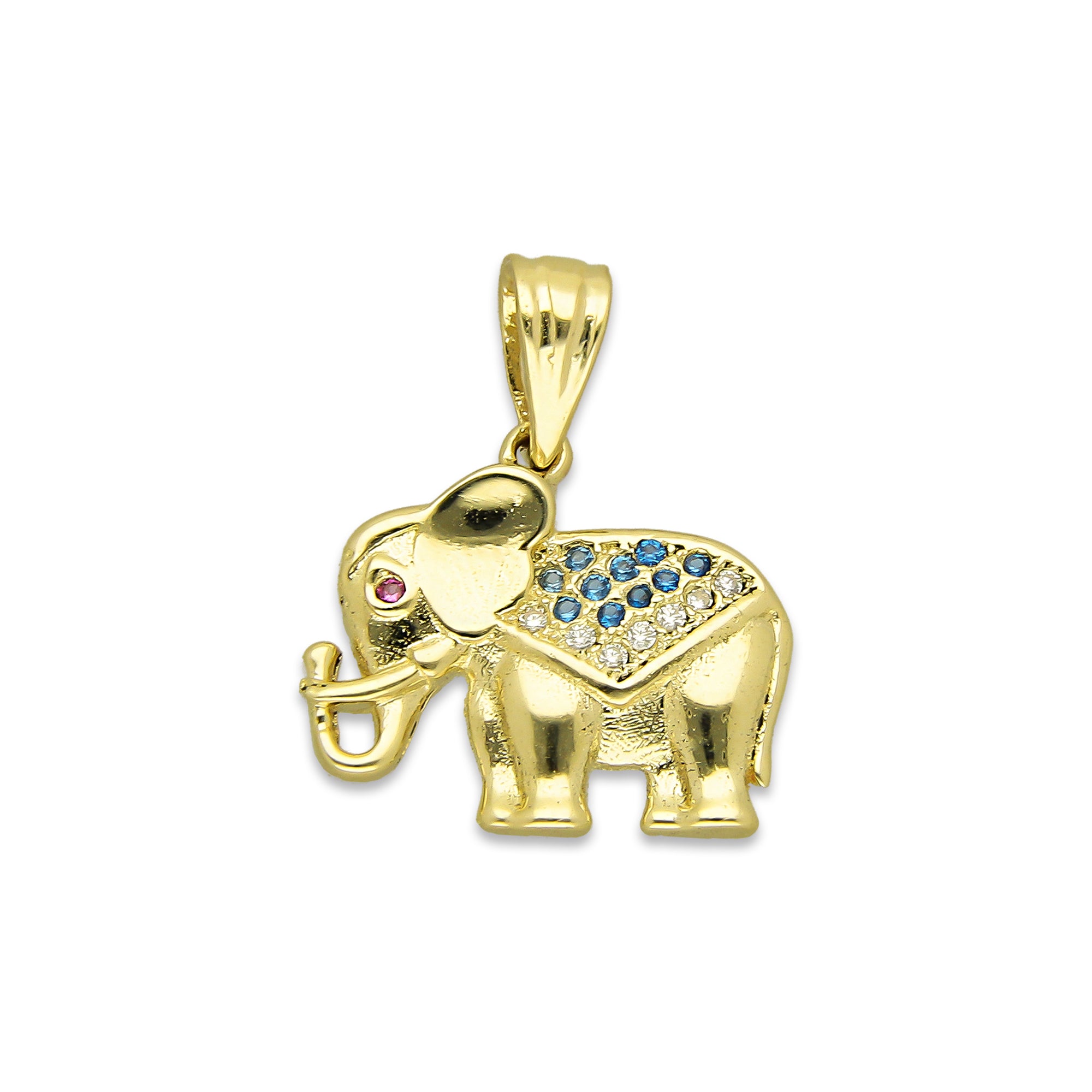NR14DJ138 Dije Oro Sólido 14K Elefante Manto ZIrconias Verdes 1.7 cm x 2 cm