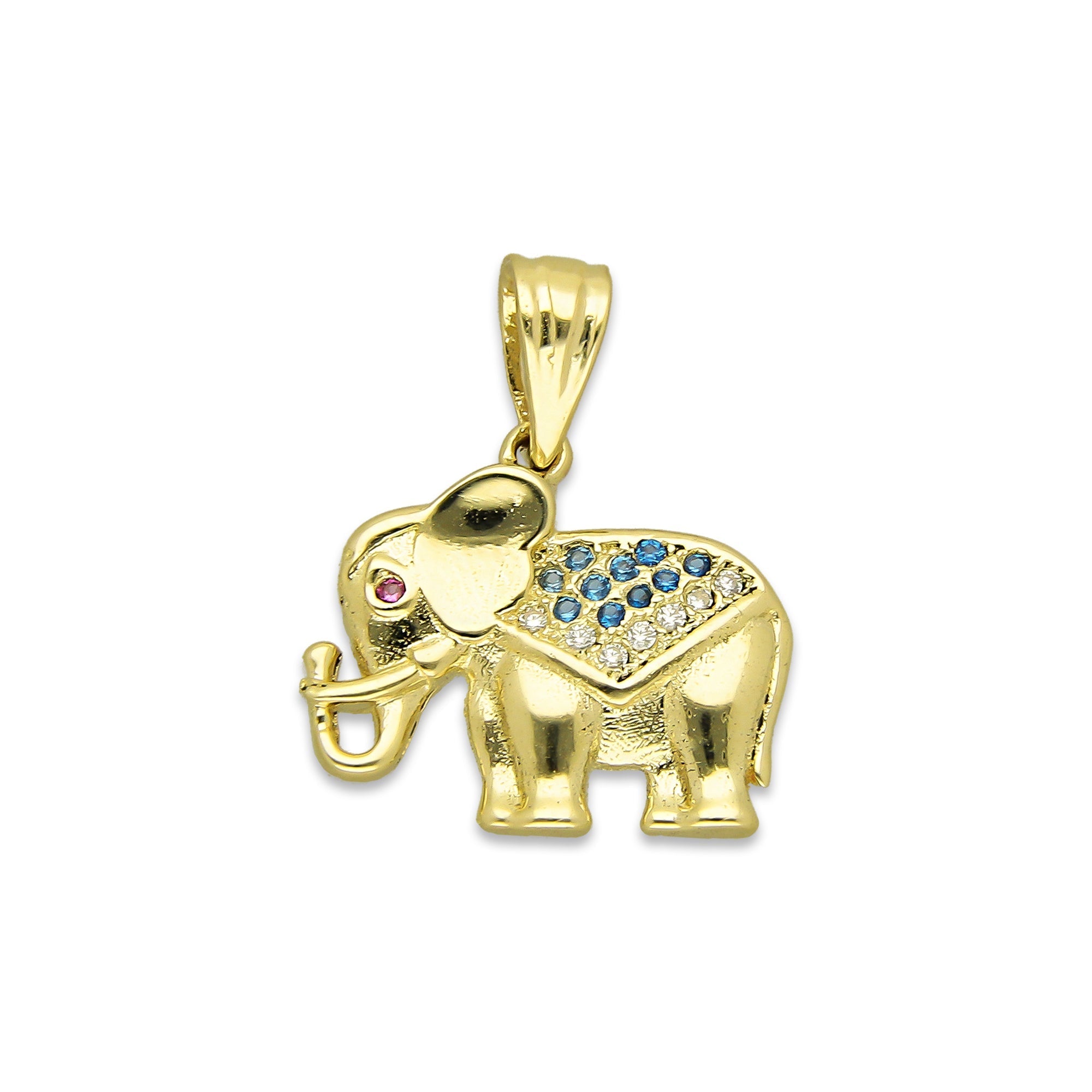 NR14DJ138 Dije Oro Sólido 14K Elefante Manto ZIrconias Verdes 1.7 cm x 2 cm