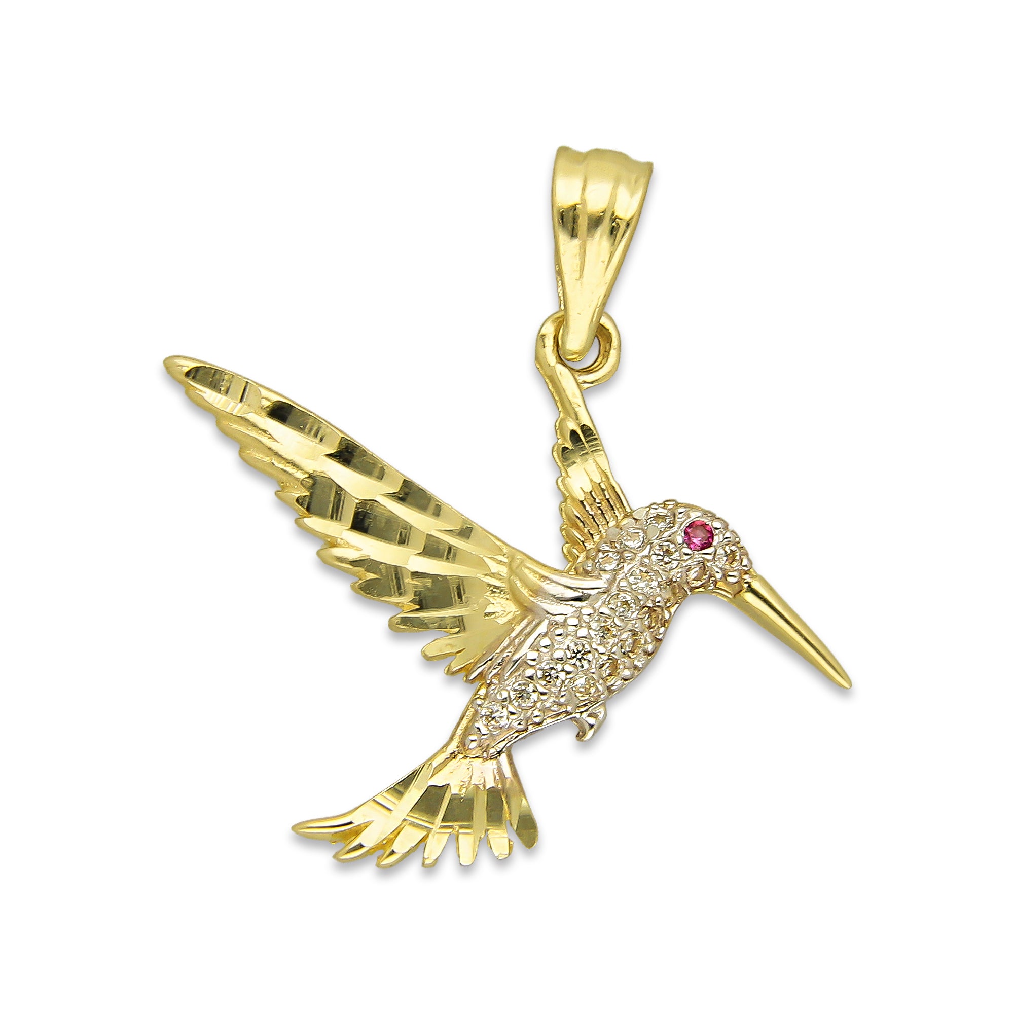 NR14DJ144 Dije Oro Sólido 14K Colibrí Alas y Cola Diamantada Blanco 2.5 cm x 2.5 cm