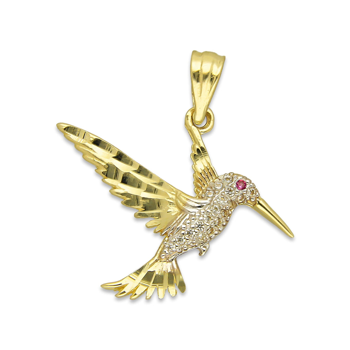 NR14DJ144 Dije Oro Sólido 14K Colibrí Alas y Cola Diamantada Blanco 2.5 cm x 2.5 cm
