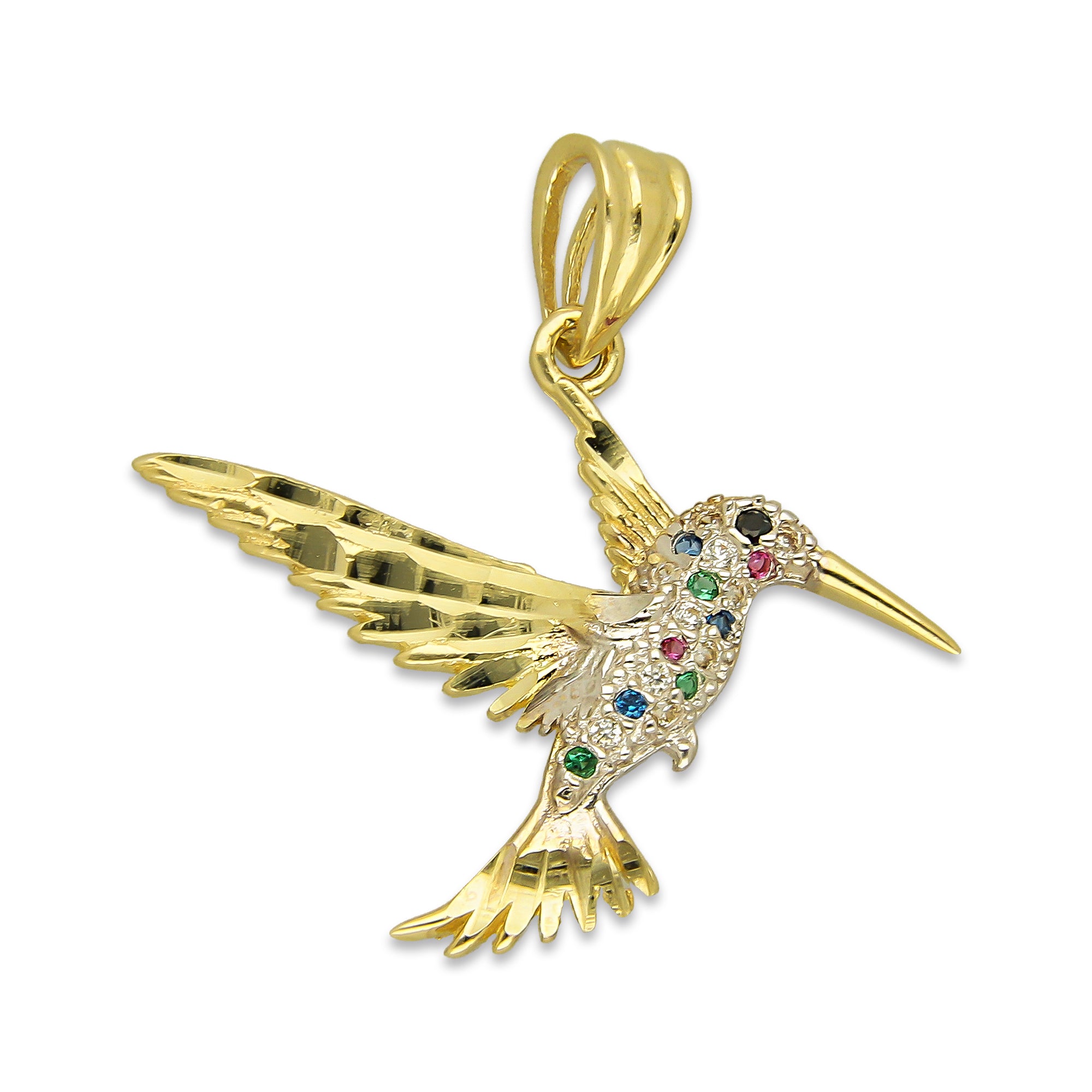 NR14DJ145 Dije Oro Sólido 14K Colibrí Alas y Cola Diamantada Multicolor 2.5 cm x 2.5 cm