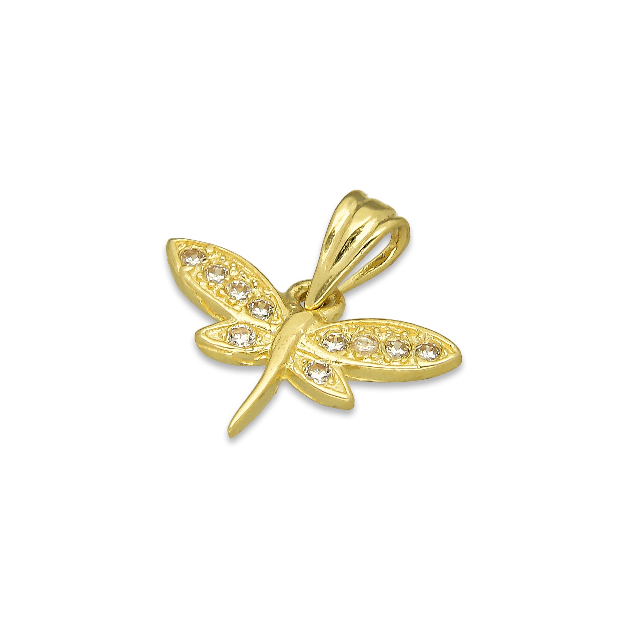 NR14DJ147 Dije Oro Sólido 14K Libélula Centro Liso con Zirconias 1.7 cm x 1.7 cm