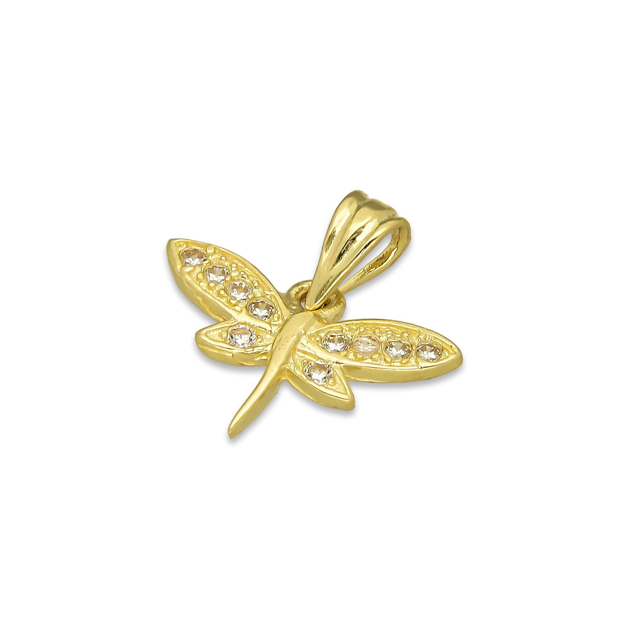 NR14DJ147 Dije Oro Sólido 14K Libélula Centro Liso con Zirconias 1.7 cm x 1.7 cm
