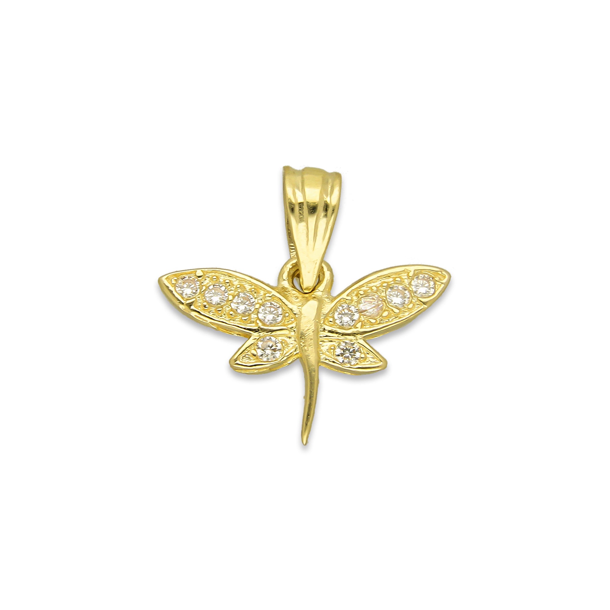 NR14DJ147 Dije Oro Sólido 14K Libélula Centro Liso con Zirconias 1.7 cm x 1.7 cm