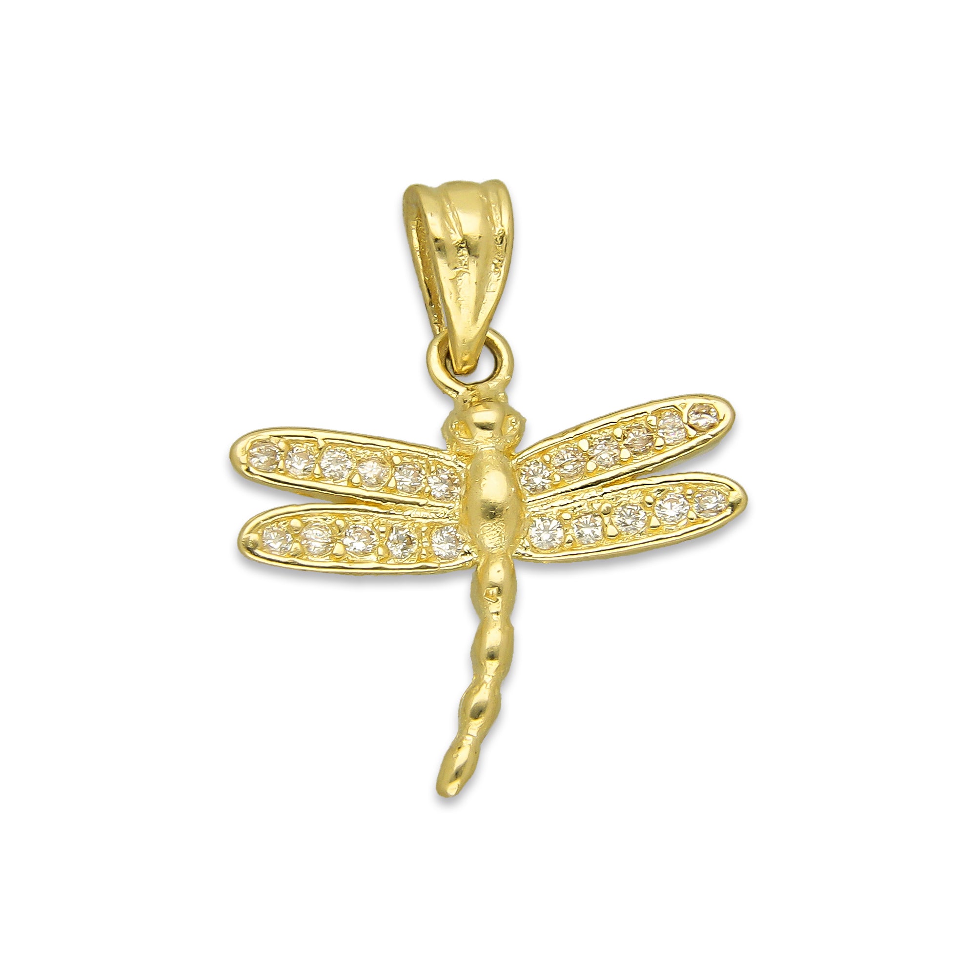 NR14DJ148 Dije Oro Sólido 14K Libélula con Zirconias Mediana 2 cm x 2.2 cm