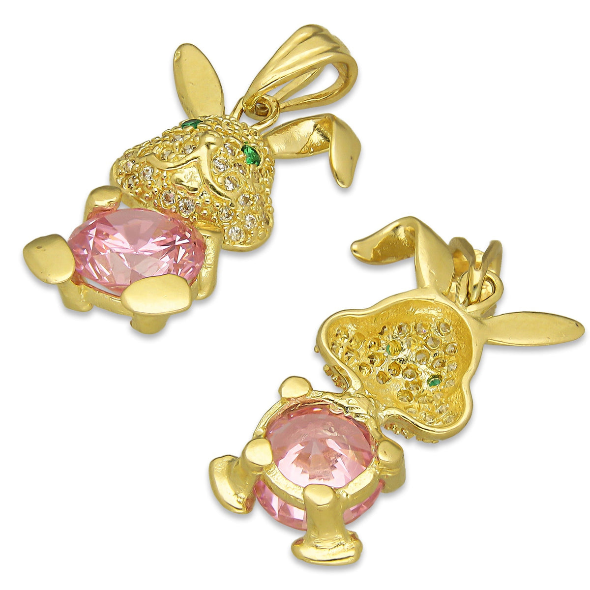 NR14DJ150 Dije Oro Sólido 14K Conejo con Zirconia en la Panza 1.4 cm x 2.7 cm